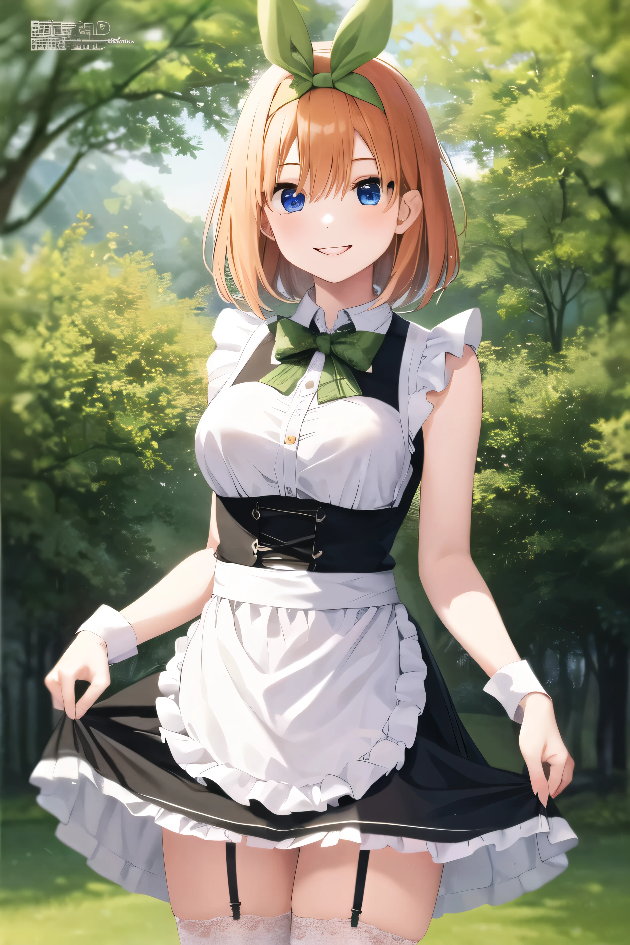 masterpiece, highest quality, High resolution, aayotsuba, short hair, Hair Ribbon, Green ribbon, hair band, Cowboy Shot、Maid clothes、Open chest、Black Skirt、White front cover、A lot of white frills,、smile、Are standing、Maid、(Skirt Hold:1.2)、apron、garter belt、Garter Ring、Black Stockings、Cherry tree、Are standing、Posing、Place your hands behind your back、Gravure idol、(Smile, beautiful smile, Gentle smile, cute smile, An innocent smile:1.2)、Nice views, Charm, wonderful, beautiful, elegant, Gorgeous, grow, Eye-catching, Ultimate beauty, Supreme beauty, The finest beauty, elegant, beauty, elegant 、(Perfect hands, Perfect Anatomy),