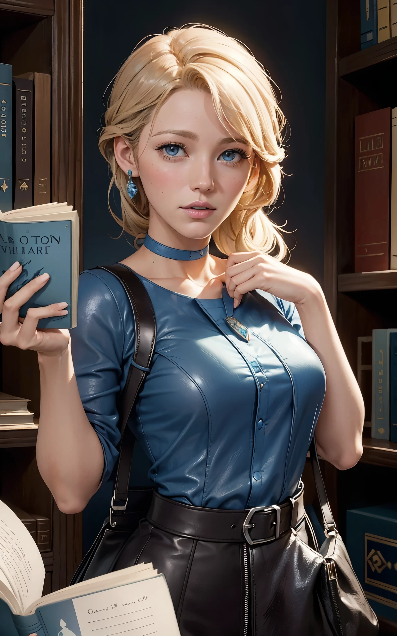(Blake Lively:Elsa Pataky) is a librarian grabbing a book with strange symbols in the cover, (leather tote bag) . ((Blue shirt with white neck)) , Lovecraft atmosphere, 1920 style, masterpiece. 