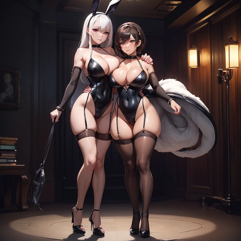 (((2 women posing together, arms around each other, facing eacth other, bunnysuit, blushing, embarrassed, looking at the viewer))) (2 women, full body, (MakotoP5) and (saeP5), 1 with short brown hair and 1 with long white hair), (both women, black bunny suit, bunny ears headband, choker, fishnet stockings), 8K, top less, (1 woman: SaeP5, white hair, side parted hair, long hair, black fishnet stockings, black choker), (1 woman: (MakotoP5), short brown hair, black fishnet stockings, black choker, Looking at Viewer, blushing, brown hair, Red pupils, Jewelry, hair bangs, visible ears, short hair) (moody background, dark, night club background), ((Realism：1.5)), Venus Body, (true to life：1.2), best quality,tmasterpiece：1.2, high detail, realistic skin, (full body shot shot：1.1), rendering by octane, Extremely detailed CG, Unity 8k wallpaper, She has massive breasts, Big ass full breasts, , ((huge tit：2.5)), ((gigantic cleavage breasts：2.5)), erect nipples, Has huge sagging breasts, Breasts enlarged, Overflowing breasts, Camel hooves, (Garter stockings), wet tongue, drooling, detailed saliva, vibrant colors, realistic lighting, high heels, full body shot, Forward-facing, spreading their legs, Raised hands, hyper realistic detailed, Giant Breast Girl, (being thin：1.3), detailed background, (sobu：1.1), best quality, realistic, physically-based rendering, moisture running down the body, glistening skin, sweating, beads of sweat, breasts prominent