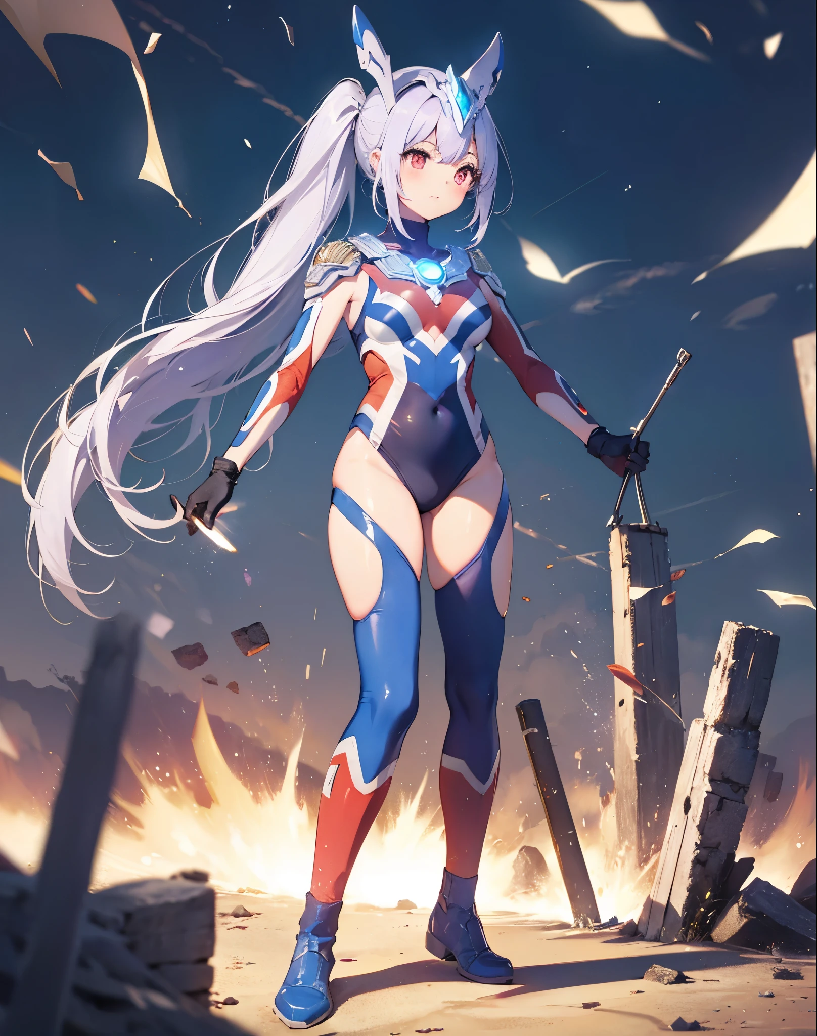 (Close-up:1.3),Realistic,highest quality, Ultra Detail, High-quality CG rendering, The most delicate and beautiful, Floating softly, High resolution, (1 girl), (Highest quality,4K,8K,masterpiece:1.2) ,Light purple hair,Rabbit,Bunny ears,ponytail,Red eyes,(Ultra Girl:1.0),(Bright blue Ultraman bodysuit:1.4),(Blue gloves:1.3),(Blue shoes:1.3),(whole body:1.3)