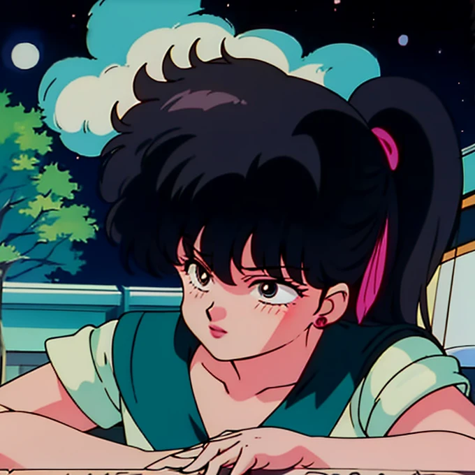 highest quality, High resolution, 1990s \(style\), retro artstyle, 1990s anime cels style, night, kodachi ｋuno, perspective, (Lie in, behind), Folding, Sitting, Put your hands on your feet, blush, Embarrassing, Sailor Warrior Uniform, Medium chest, green sailor collar, White gloves, Green pleated skirt, Pink Ribbon, Side Tail, (Dressed:1.3), jewelry, Earrings, Bed Sheet