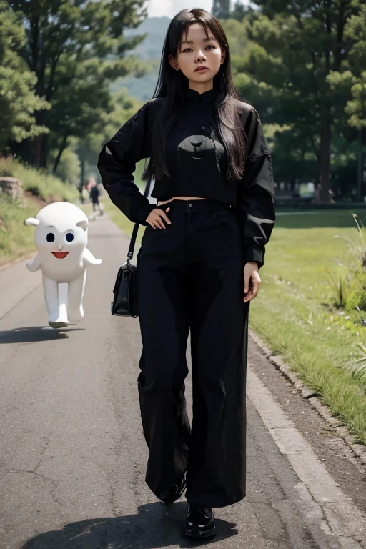 Vietnamese Girl sees the ghost and pees her black ao dai pants until her pants are wet in fright.