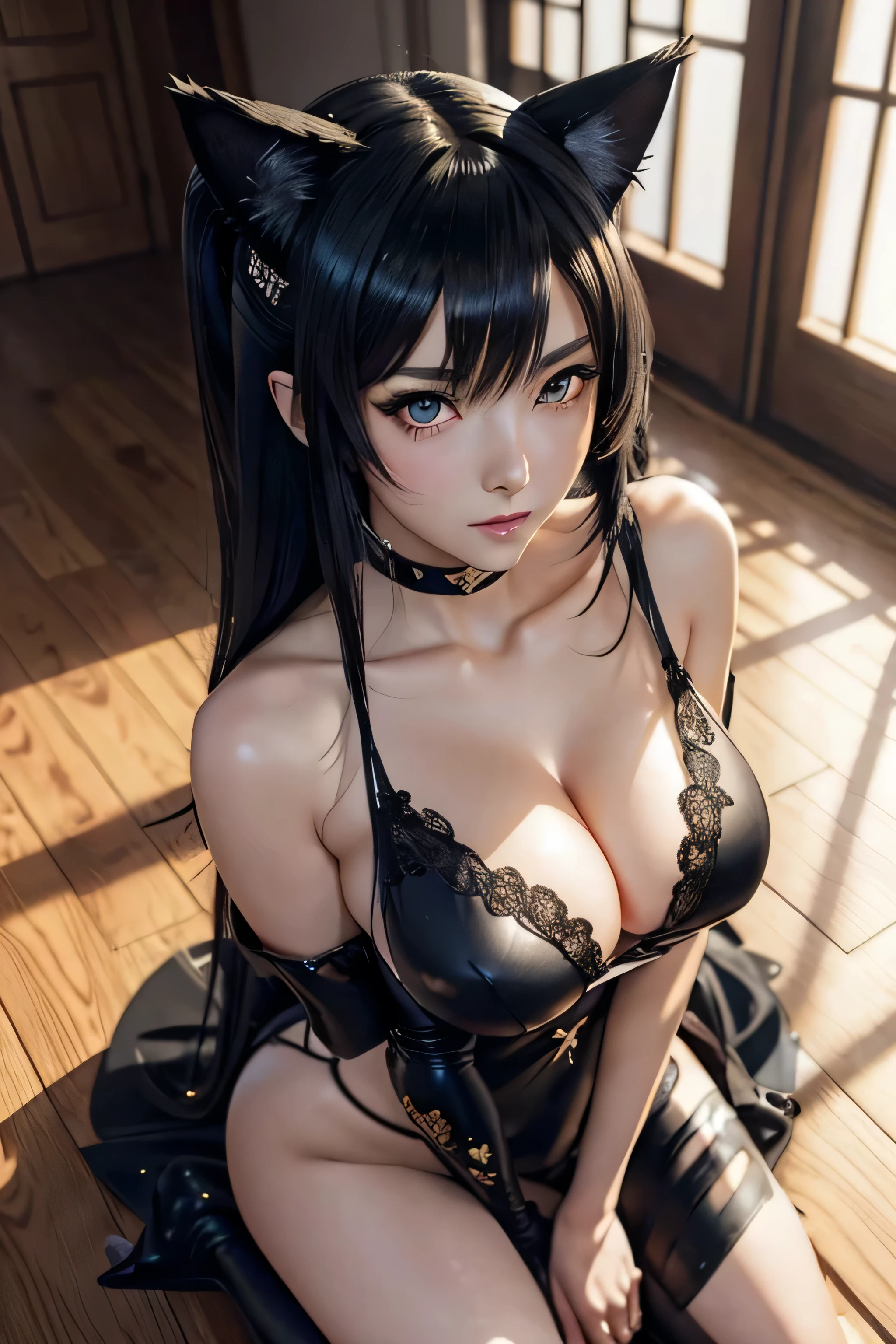anime girl with cat ears and black lingersuit posing for a picture, seductive anime girl, hyperrealistic , beautiful alluring anime woman, 3d anime girl, attractive anime girl, seductive. highly detailed, anime highly detailed, , beautiful alluring anime , anime girl, a hyperrealistic , photorealistic anime girl render, yuri, cleavage, Mesmerizing eye contact, wooden floor, realistic, black hair, Watercolor touches, glitter lingersuit, amber eyes, big_natural_breasts, sagging_breasts, medium_breasts, Busty Milf, kneeling_forward, large_breasts, nsfw
