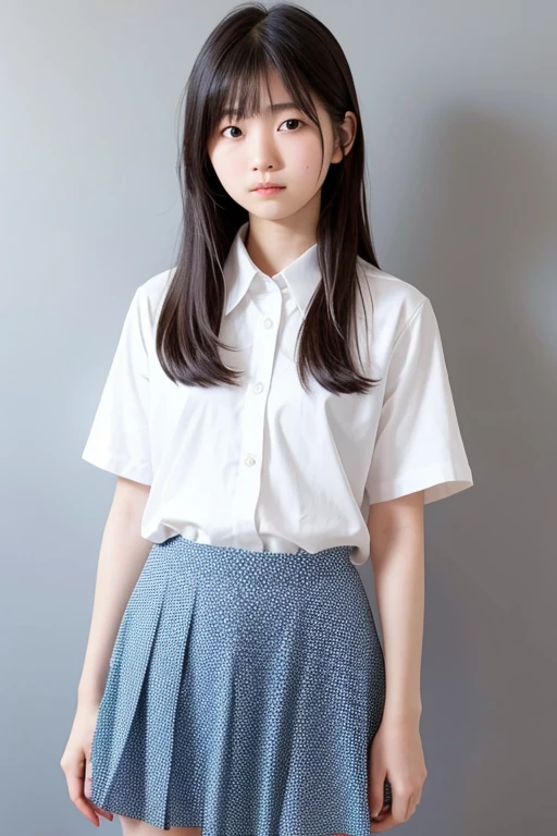 Simple background, very young Japanese high school student, photorealistic, natural skin texture, no makeup, , short-sleeved white dress shirt, dark blue skirt