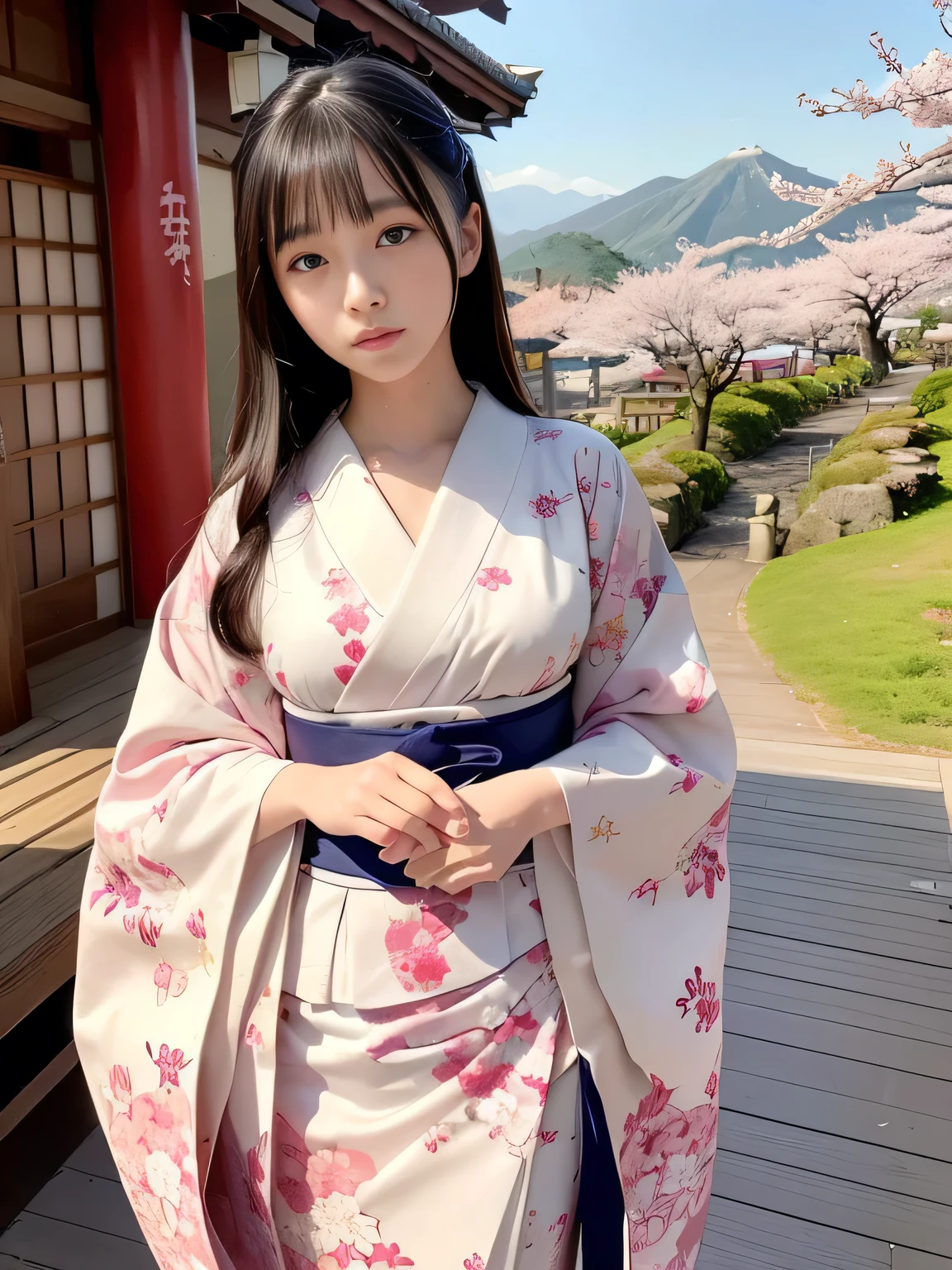 (background:The mountains are full of cherry blossomountains and fog)((Ukiyo-e))japanese art,or period,tokyo art, lily,Natural landscape.(masseter membrane、top quality、Ukiyo-e style、mystery、Exquisite and beautiful、official art、Sharaku:1.2)、(1 japanese girl in:1.3)、(Fractal art:1.3)、cowboy shooting、White skin、(beautiful brunette、kimono:1.2)、With Japanese traditional performing arts as the background、rich and colorful、(reel、Belongs to Japanese style:1.2)、