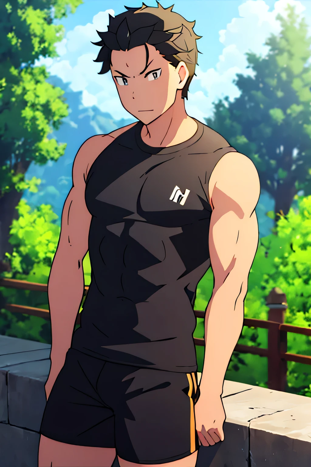 Subaru is sitting and flexing his biceps. He wears black shorts. You can see his thighs. He looks stoic and serious. He has bulging veins on his arms. He wears a black tshirt with short sleeves. His sleeve is completely rolled up so you can see his entire arm and shoulder. He is showing his abs too.