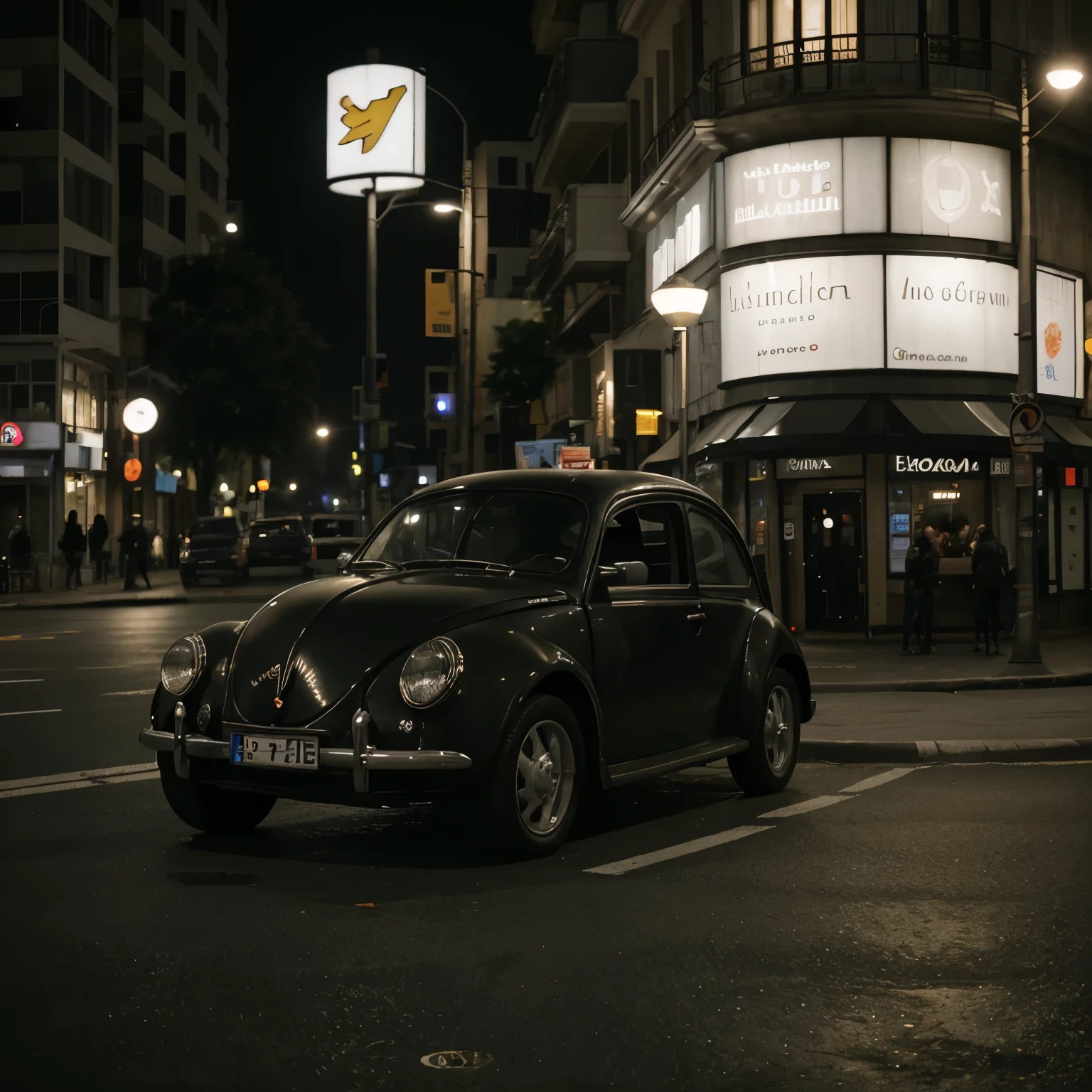 fusca preto em uma rua escura, low-light environment