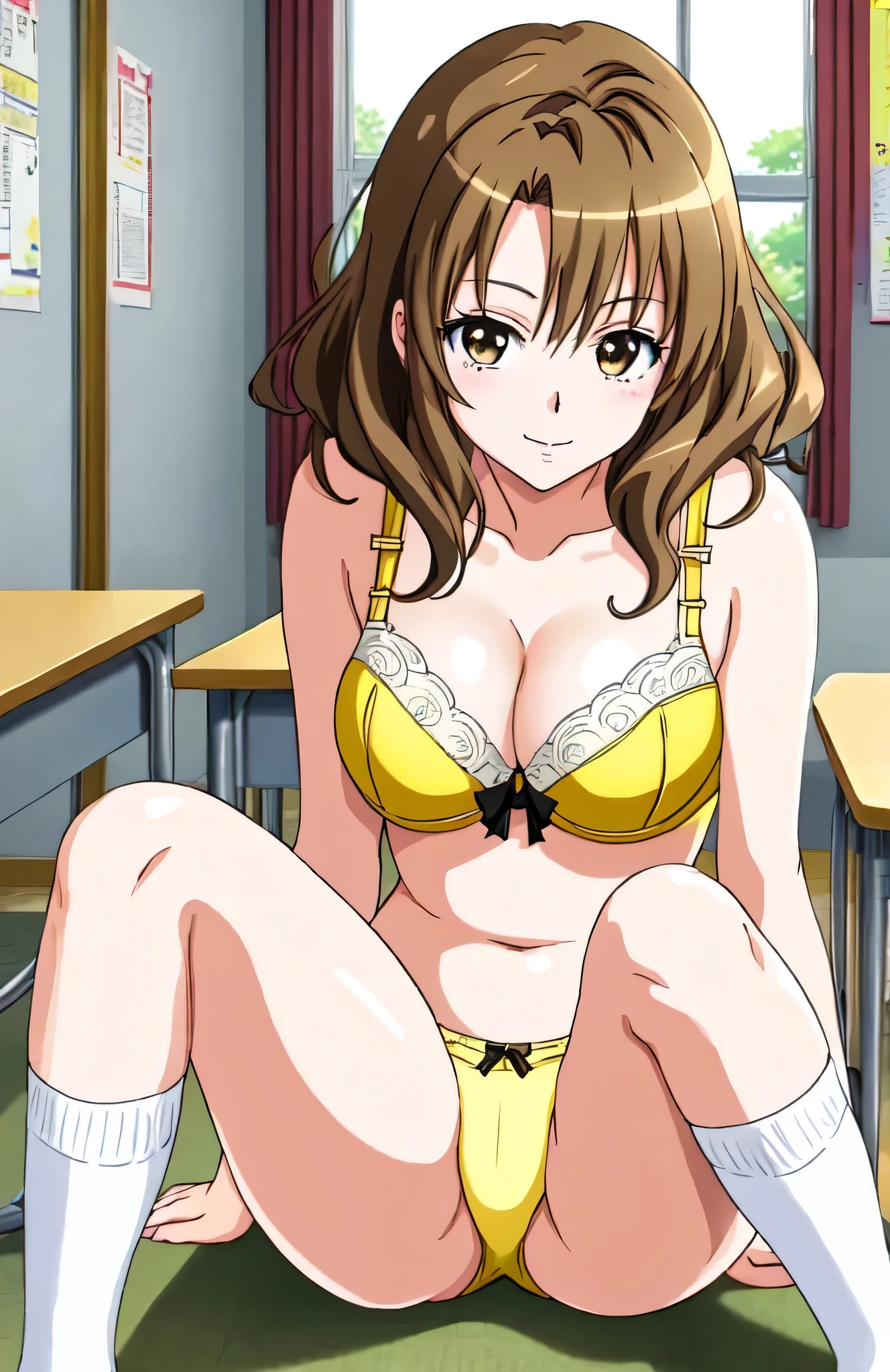 Anime Girls in a yellow bra with a black bow and yellow panty with a black bow、Woman with short brown hair、Brown eyed woman、Wavy Hair、seductive anime women、clothing:Yellow bra、Yellow panties、White socks、Tall Woman、Sexy vibe、Anime Moe Art Style、Big Breasts、A woman with very large breasts、(Anime Girls)、attractive Anime Girls、Naughty anime style、Beautiful attractive anime teen、Smooth anime CG art、School classroom、indoor、cleavage、bra with an yellow、panty with an yellow、knee-high socks with an white、whole body、Indoor shoes、A girl is standing、Digital anime art!!、Female focus、Perfect body、sexy Anime Girls、Full Body、Best anime girl、solo、Underwear only、Bra and panties only、8k!!、High resolution!!、Very detailed、