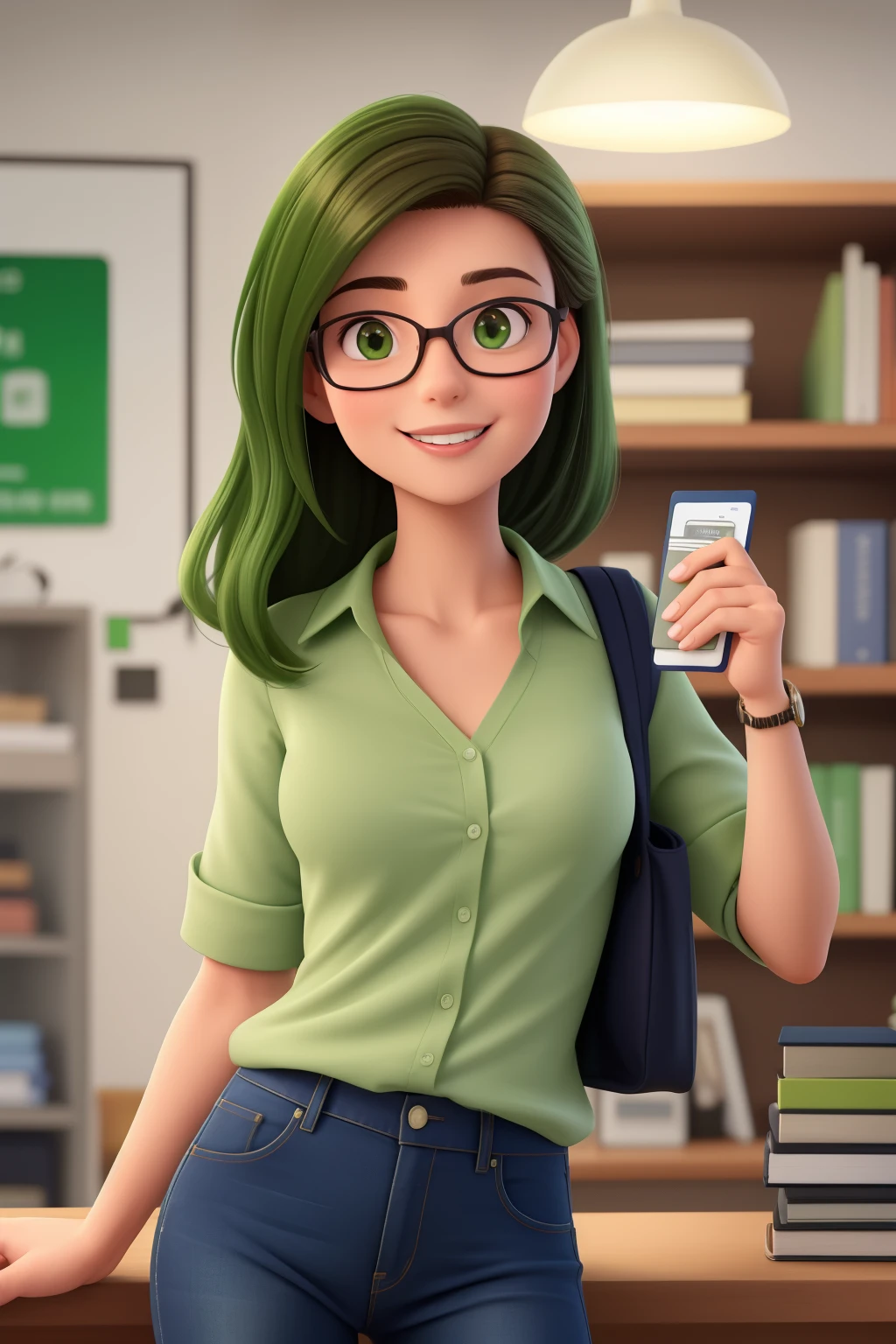 Crie um Professor de 30 anos, feliz, without glasses, with a green credit card in hand, Green shirt and jeans, cabelo castanho, olhos castanhos, sem defeito olhando pra tela 
