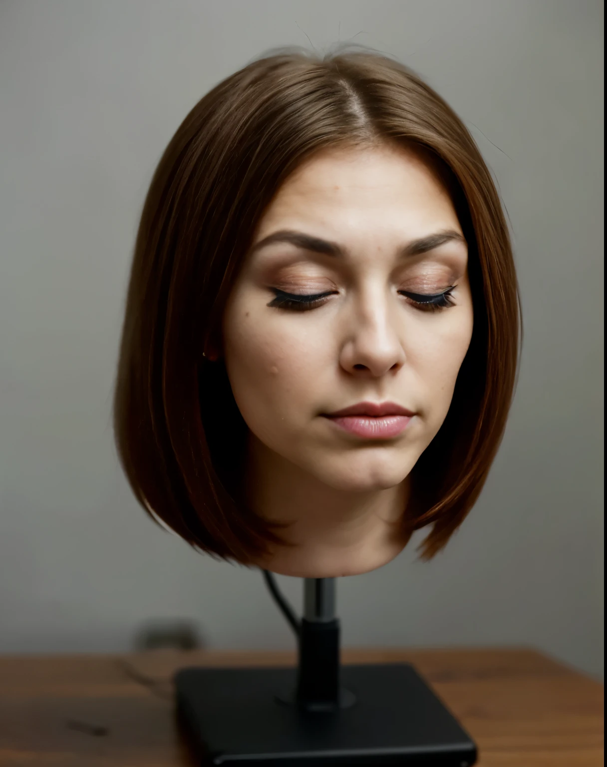 ((disembodied head on desk stand)), 21 yo, wearing makeup, extremely detailed skin texture, (eyes closed), (realistic), realistic natural lighting, (best image, best quality)