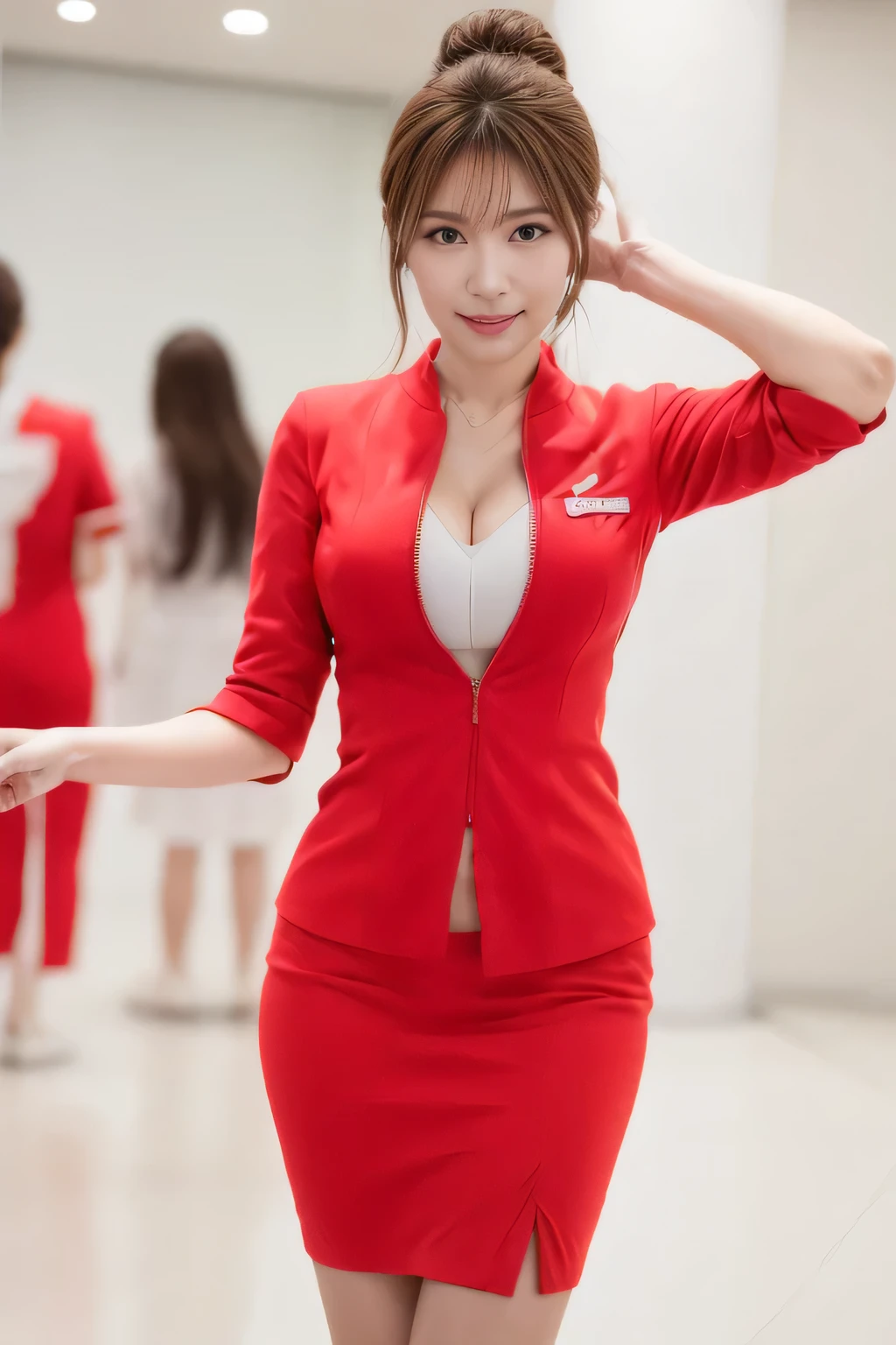 AirAsia red jacket uniform、Big Breasts、(AirAsia uniform white shirt unbuttoned）、（AirAsia uniform shirt showing big breasts）