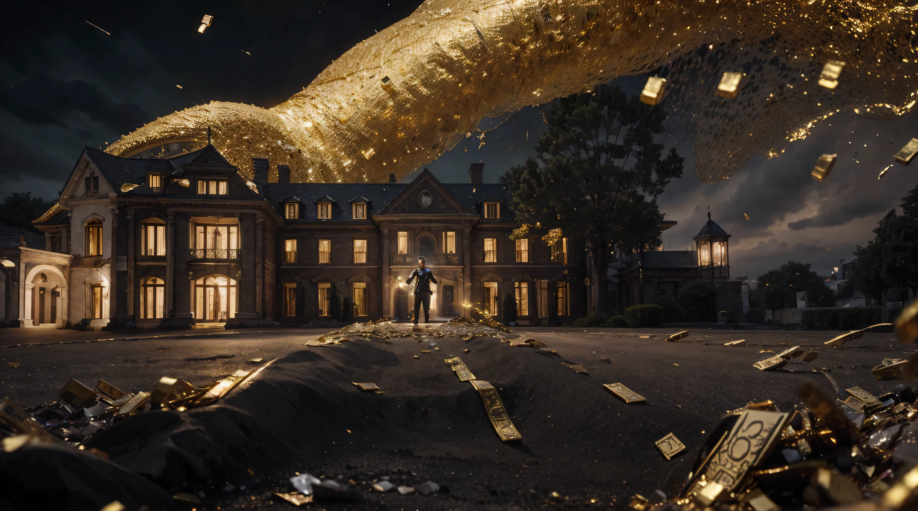 a man in front of a mansion full of gold coins falling from the sky, ultra detailed image, realism, 8k, hyper detailed skin, intense and vivid colors.