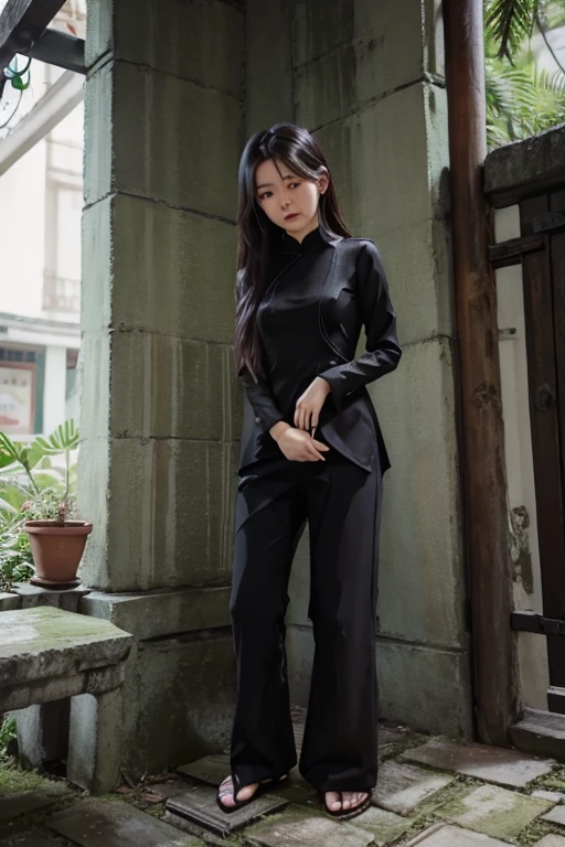 Vietnamese Girl sees the ghost and pees her black ao dai pants until her pants are wet in fright.