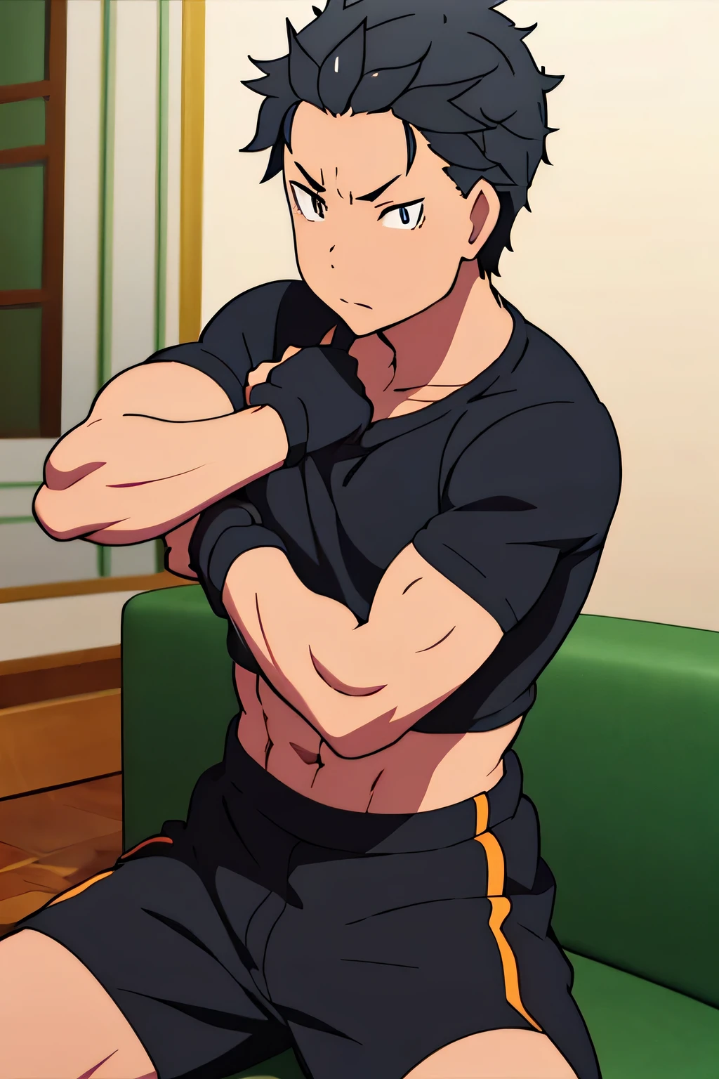 Subaru is sitting and flexing his biceps. He wears black shorts. You can see his thighs. He looks stoic and serious. He has bulging veins on his arms. He wears a black tshirt with short sleeves. His sleeve is completely rolled up so you can see his entire arm and shoulder. He is showing his abs too.