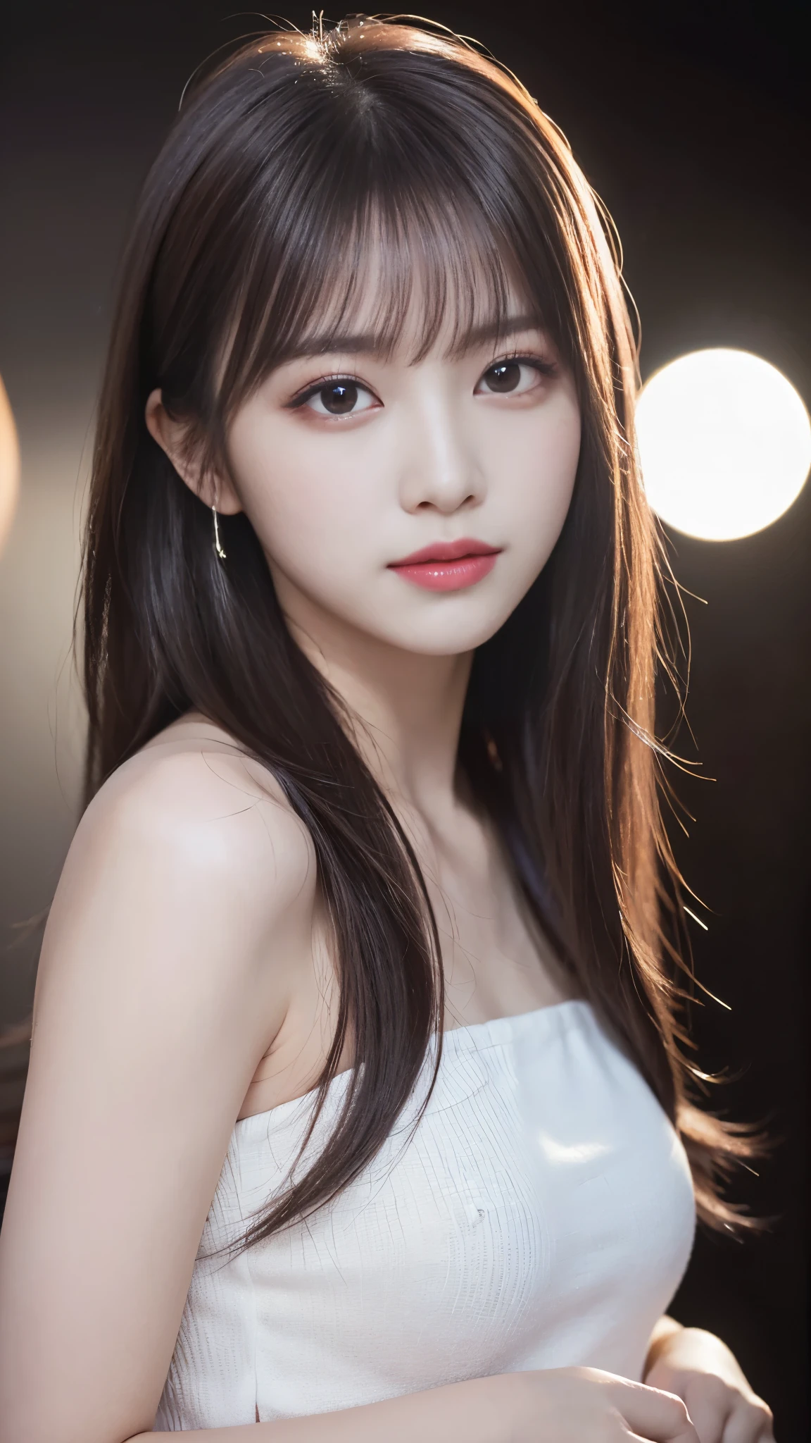 (8k, RAW Photos, Realistic:1.25) ,( Lip gloss, eyelash, Shiny surface, Shiny skin, highest quality, Ultra-high resolution, Depth of written boundary, chromatic aberration, Caustics, Wide lighting, Natural Shading,K-Pop Idols) She gazes upon the viewer with a calm, goddess-like happiness.,