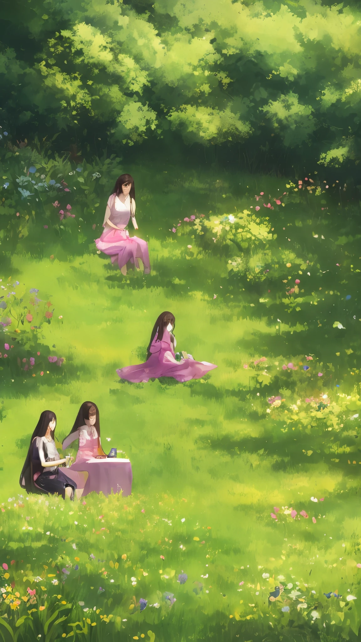 Mother and daughter having coffee and bread in the meadow of a beautiful morning.