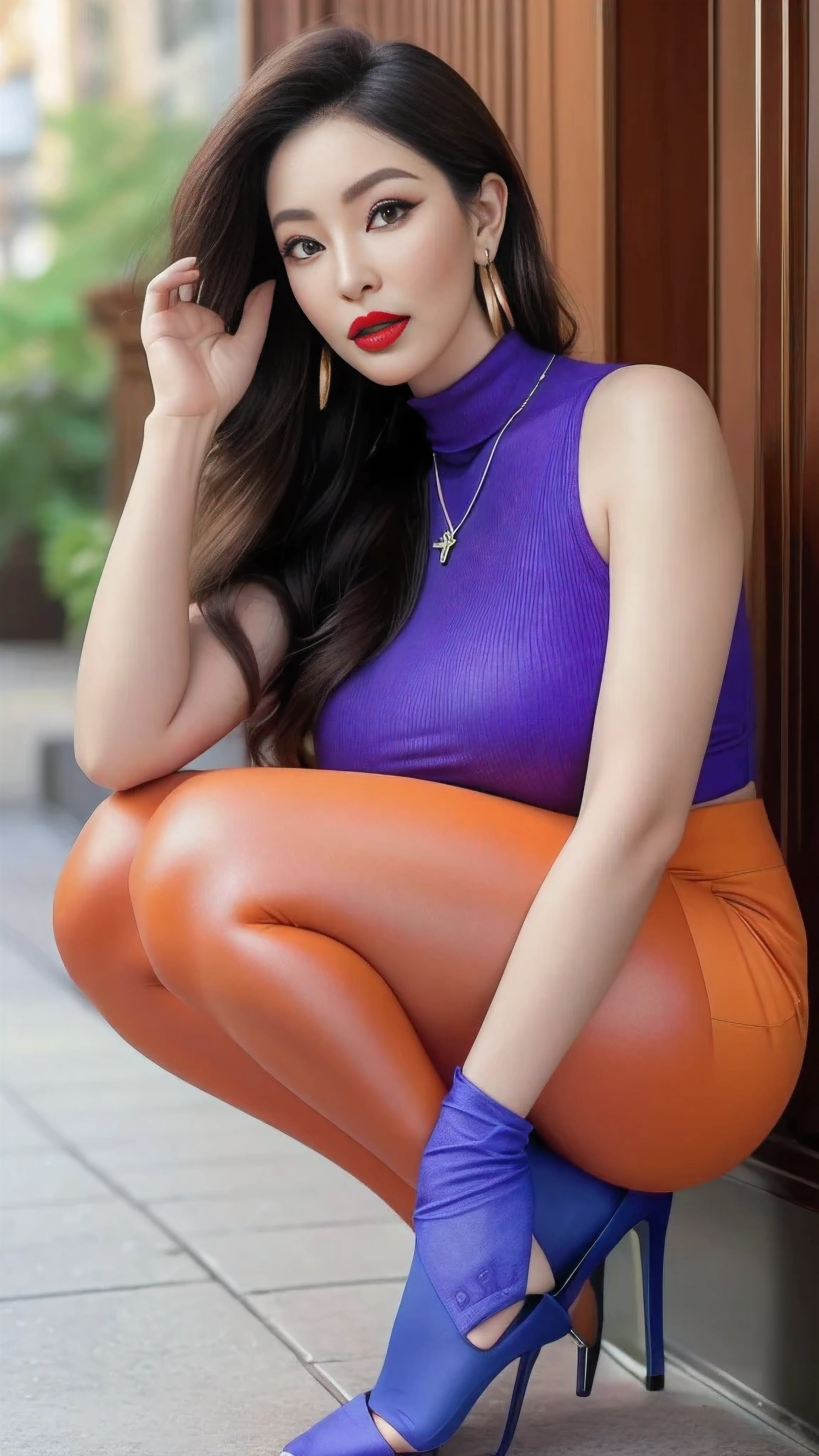 Squat on the ground with your legs together,Light orange clothes,Blue and purple reflective yoga pants,cosmetic, (lipstick: 1.1), (Eyeliner: 1.2), mascara, Eyeshadow,Outdoor sports, earrings, necklace,Wrinkles at the corners of the eyes, Oral wrinkles,High Neck Knit Bodycon Skirt,full-body shot,An Asian Japanese woman,65 years old,big eyes,elegant temperament elegant temperament,(masterpiece:1.2, best quality), actual, (The real situation,45 years old, Intricate details, Depth of Field), The content is very detailed, This is a perfect face, Perfect body, Large Model, Mature Woman 8K,best quality, masterpiece, Ultra-high resolution,(lifelike:1.4), original photo, Stay focused, Exquisite beautiful woman, (tall and straight:1.1),(Fat goddess desetallic ),half butterfly earrings, double ring necklace, (:1.05), (65 years old, : 1.4),Long curly hair, Dynamic angle, (red lips)Beautiful graphics, High heel
