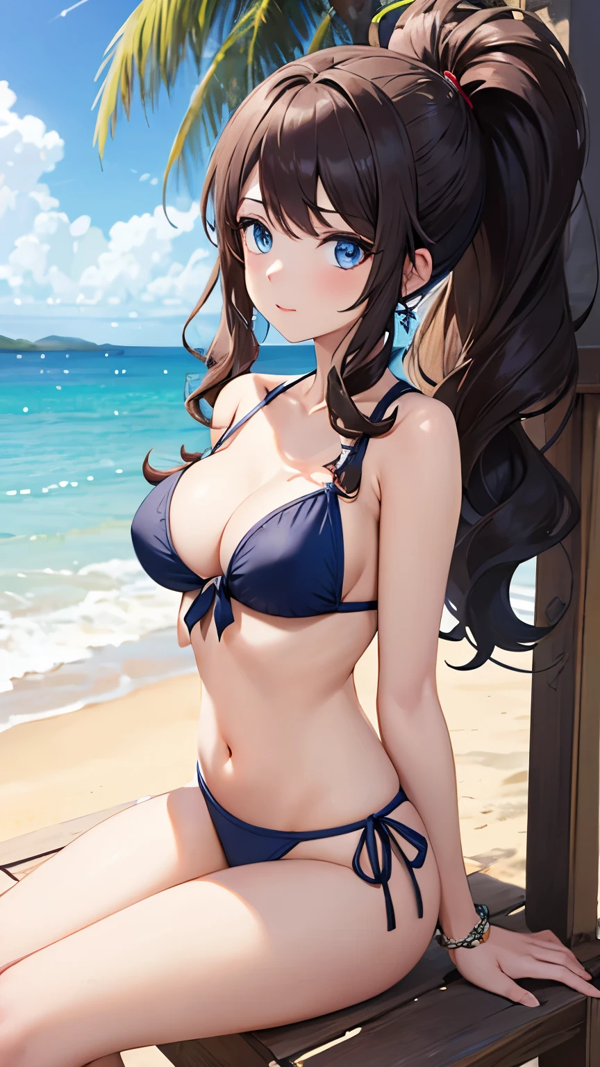 (masterpiece, best quality, detailed), 1girl, solo, looking at viewer, hilda pokemon, high ponytail, long hair, blue eyes, beautiful detailed eyes, beach, swimsuit