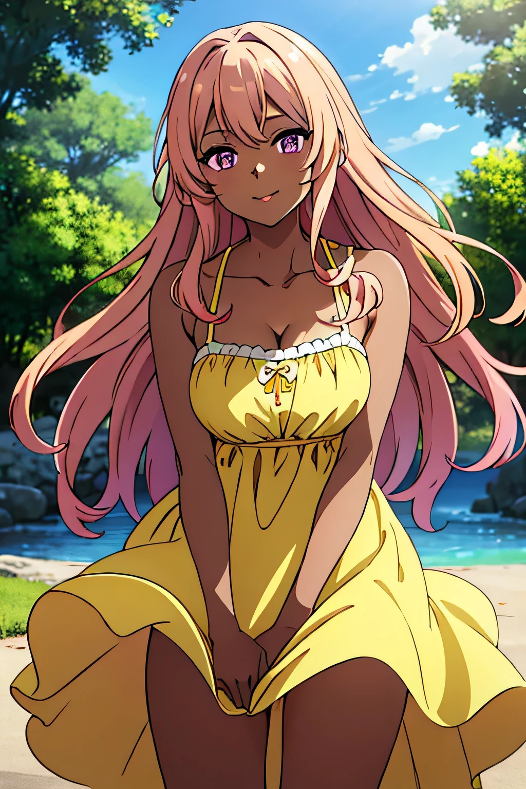 Highest quality, masterpiece, beautifully detailed eyes, (dark skin), blonde wavy hair, (gradient hair, pink highlights in hai)r, big perky breasts, purple eyes, standing, makeup, glossy lips, full lips, (natural lighting), outdoors, windy day, windblown hair, windblown dress, cleavage, cute  sundress, ((yellow sundress)), upskirt panties, seductive smile, collarbone, athletic body, fit