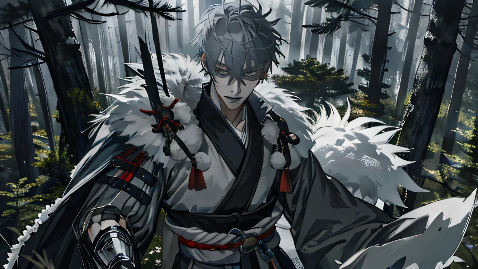 masterpiece, 最high quality, high quality, Super detailed, 1 boy, Gray Hair, Grey Eyes, forest, warrior, Clothing with fluffy elements, reference, Anime Shōnen, digital sketch, Best high quality digital art, Shogun
