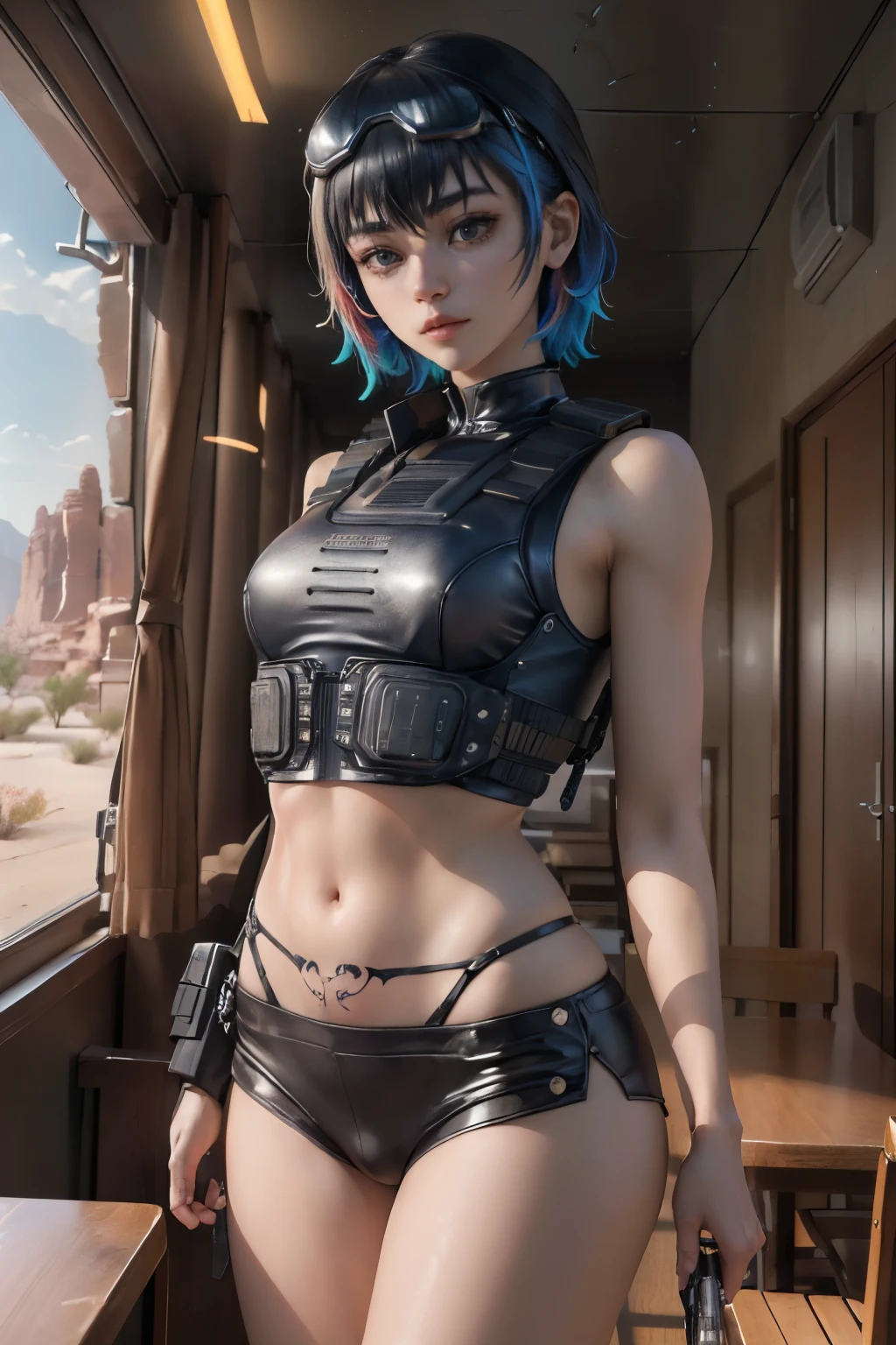 (One Girl), ((desertの戦闘服, Have a weapon, Tactical Goggles, Bulletproof vest, Fully clothed:1.4)), ((Small breasts,  with rounded shape,:1.3)), ((Accentuated breasts, Large pelvis, Wide Hips, abdomen, Tight waist, Curvy waist:1.2)), ((slim, 大きな胸 thinウエスト, thin, Skinny belly:1.2)), Modern Hairstyles, Colored striped hair, Hair highlights, ((Proud face)), ((Tattoo:1.1)), Tabletop, highest quality, Realistic, 超A high resolution, Depth of written boundary, (Full dual color neon lighting:1.2), (Detailed face:1.2), (Fine grain:1.2), (Detailed Background:1.2), (desert, Action sequence, Cinema Lighting, desertの嵐:1.2) (Tabletop:1.2), (Ultra-detailed), (highest quality), Complex, Overall Movie, Magical Pictures, (Gradation), colorful, Detailed landscape, Visual Key, Shiny skin,