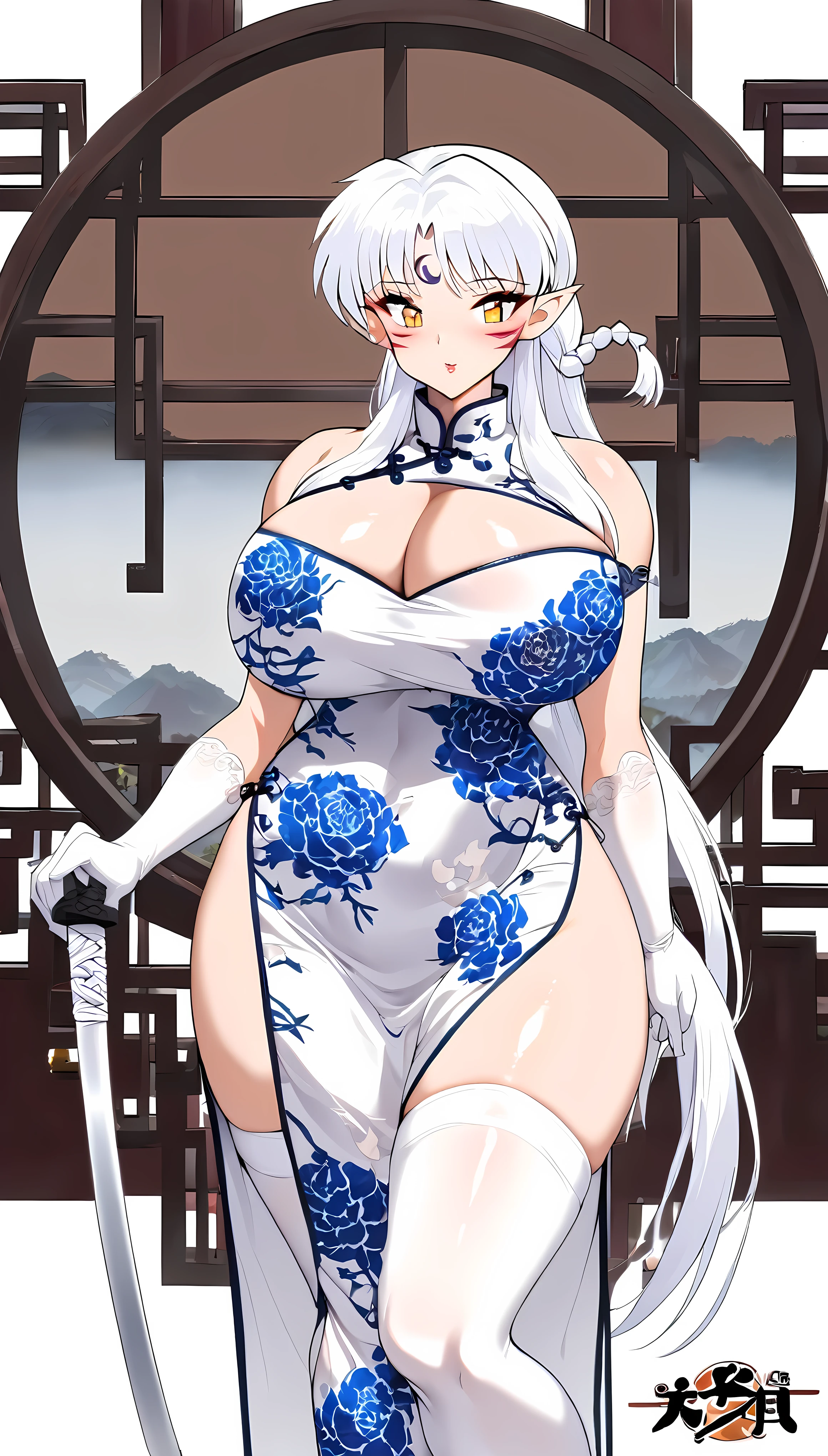 1girl,Sesshoumaru,sesshoumaru,mature female,(scornful eyes),yellow eyes,parted bangs,pointy ears,white hair,very long hair,red facial mark,forehead mark,alternate costume,arm at side,blush,braid,breasts,china dress,chinese clothes,curvy,dress,elbow gloves,bare shoulder,sleeveless,cleavage cutout,floral print,gloves,(blue and white porcelain gorgeous qipao,china dress,chinese clothes,dress),gigantic breasts,hip vent,print dress,indoors,holding,lips,looking at viewer,parted bangs,short sleeves,single braid,solo,standing,(holding a Sword:1.4),thick thighs,upturned eyes,white thighhighs,wide hips,