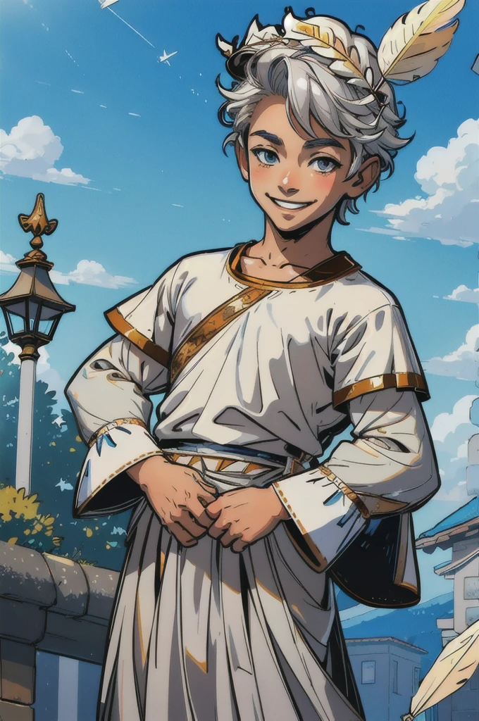 masterpiece, best quality, hadesstyle, 1boy, cowboy shot, young, little, shota, , 5yearsold, 5 , white shota, (smiling), white hair, (feather crown), white shirt, puffed sleeves, long sleeves, prince clothes, royalty french outfit, grey eyes, BREAK
(facelighting), (sky with clouds in background, paper planes, natural sunlight:1.2, blue sky)