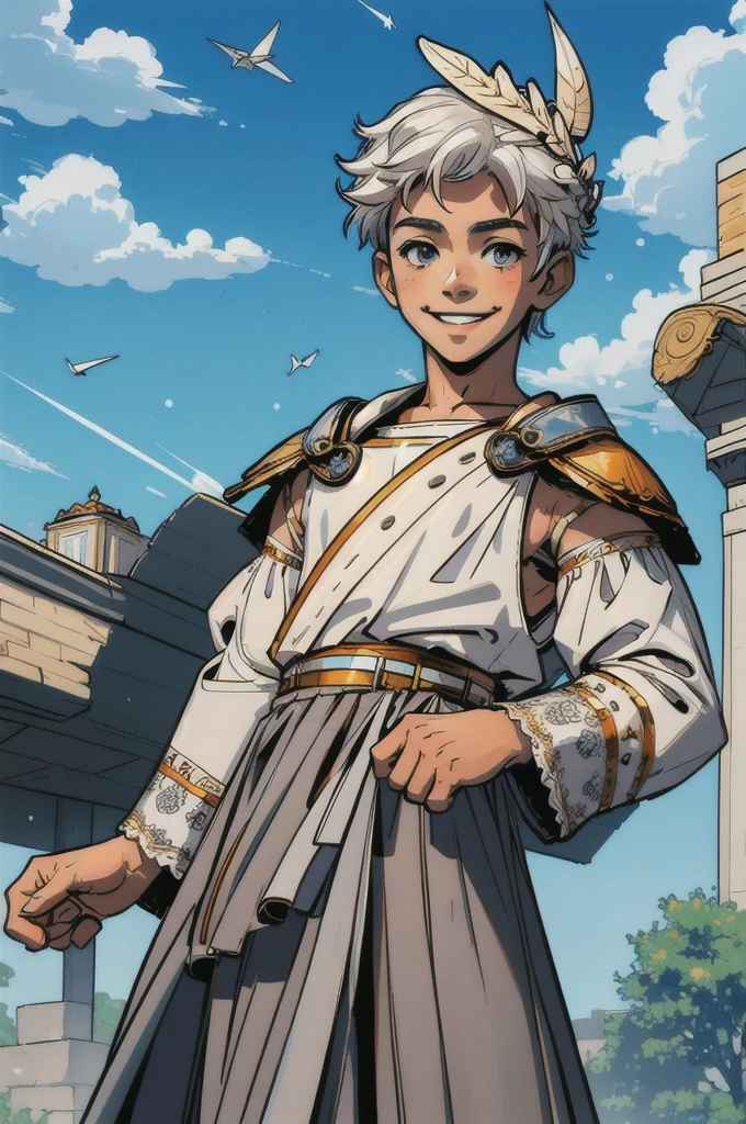 masterpiece, best quality, hadesstyle, 1boy, cowboy shot, young, little, shota, , 5yearsold, 5 , white shota, (smiling), white hair, (feather crown), white shirt, puffed sleeves, long sleeves, prince clothes, royalty french outfit, grey eyes, BREAK
(facelighting), (sky with clouds in background, paper planes, natural sunlight:1.2, blue sky)


