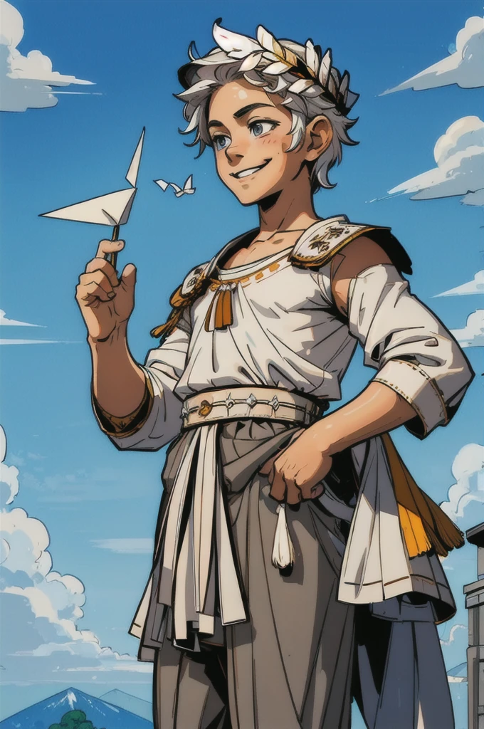 masterpiece, best quality, hadesstyle, 1boy, cowboy shot, young, little, shota, , 5yearsold, 5 years old, white shota, (smiling), white hair, (feather crown), white shirt, puffed sleeves, long sleeves, prince clothes, royalty french outfit, grey eyes, BREAK
(facelighting), (sky with clouds in background, paper planes, natural sunlight:1.2, blue sky)


