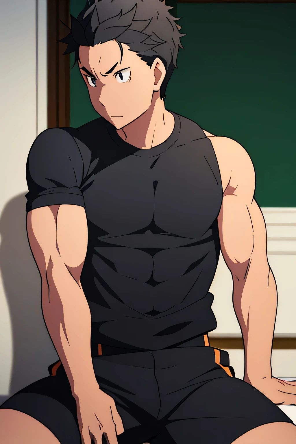 Subaru is sitting and flexing his biceps. He wears black shorts. You can see his thighs. He looks stoic and serious. He has bulging veins on his arms. He wears a black tshirt with short sleeves. His sleeve is completely rolled up so you can see his entire arm and shoulder. He is showing his abs too.