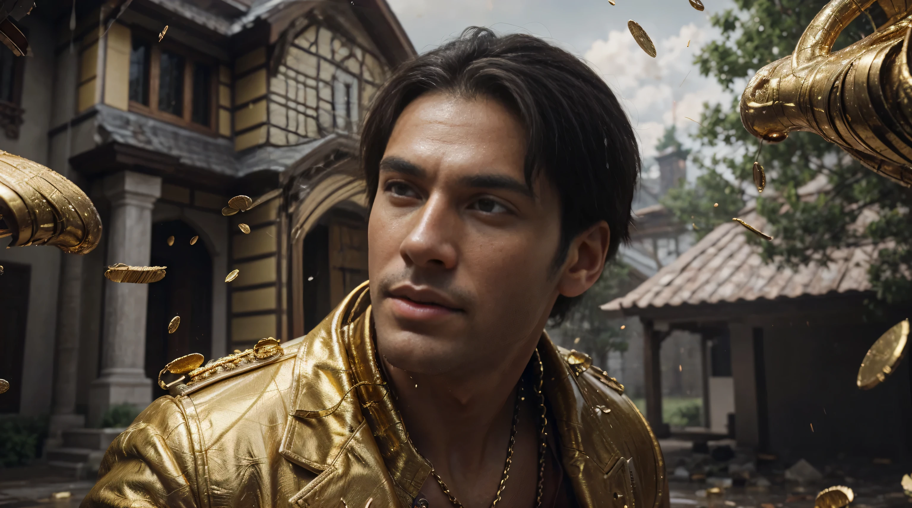 a man in front of a mansion full of gold coins falling from the sky, ultra detailed image, realism, 8k, hyper detailed skin, intense and vivid colors.