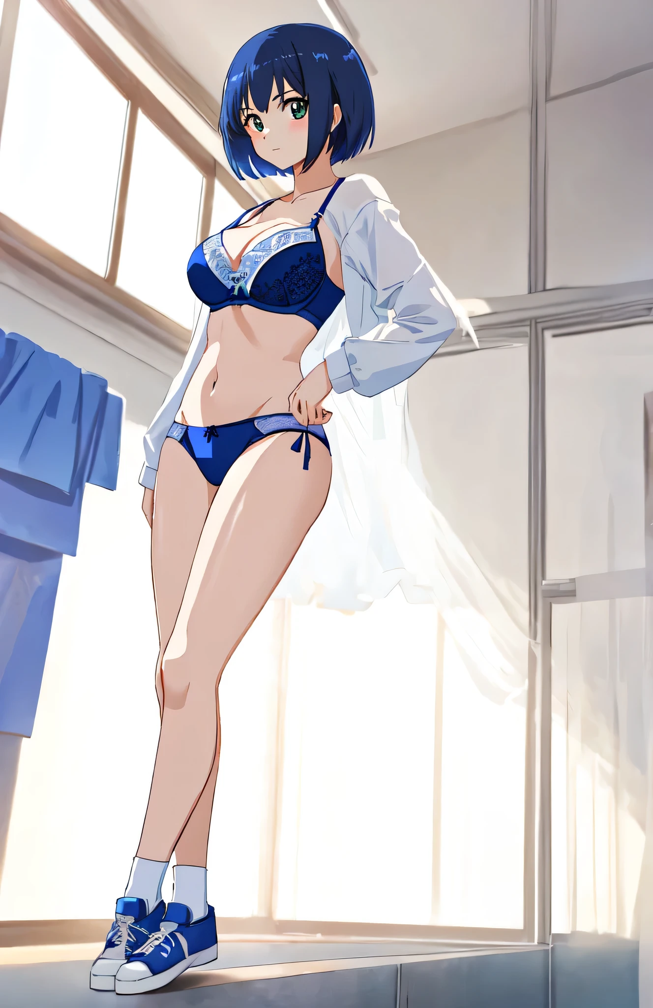 Anime Girls in a blue bra with a white lace trim and blue panty with a white bow、Woman with short dark blue hair、Yellow eyed woman、Bobcut、seductive anime women、clothing:Blue bra、Blue panties、Navy blue socks、Tall Woman、Cool vibe、Anime Moe Art Style、Big Breasts、A woman with very large breasts、(Anime Girls)、attractive Anime Girls、Naughty anime style、Beautiful attractive anime teen、Smooth anime CG art、School classroom、indoor、cleavage、bra with an blue、panty with an blue、high socks with an navy blue、whole body、Indoor shoes、A girl is standing、Digital anime art!!、Female focus、Perfect body、cool Anime Girls、Full Body、Best anime girl、solo、Underwear only、Bra and panties only、8k!!、High resolution!!、Very detailed、