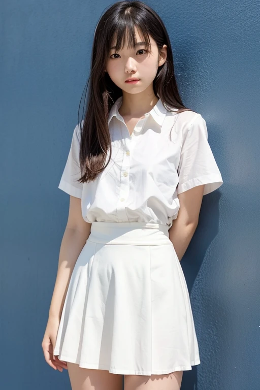 Simple background, very young Japanese high school student, photorealistic, natural skin texture, no makeup, , string bikini, short-sleeved white dress shirt, dark blue skirt