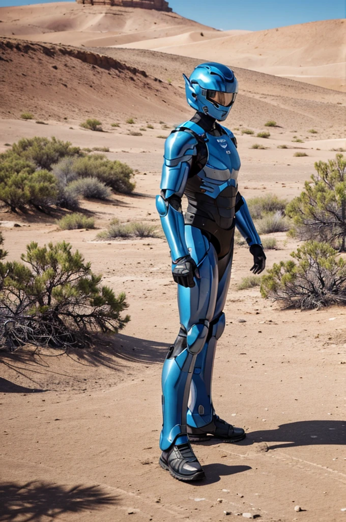 best quality, 8k, highly detailed face and skin texture, high resolution, man in cyber armor stand at desert, full body, sharp focus