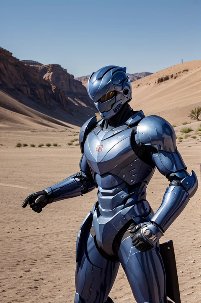 best quality, 8k, highly detailed face and skin texture, high resolution, man in cyber armor stand at desert, full body, sharp focus
