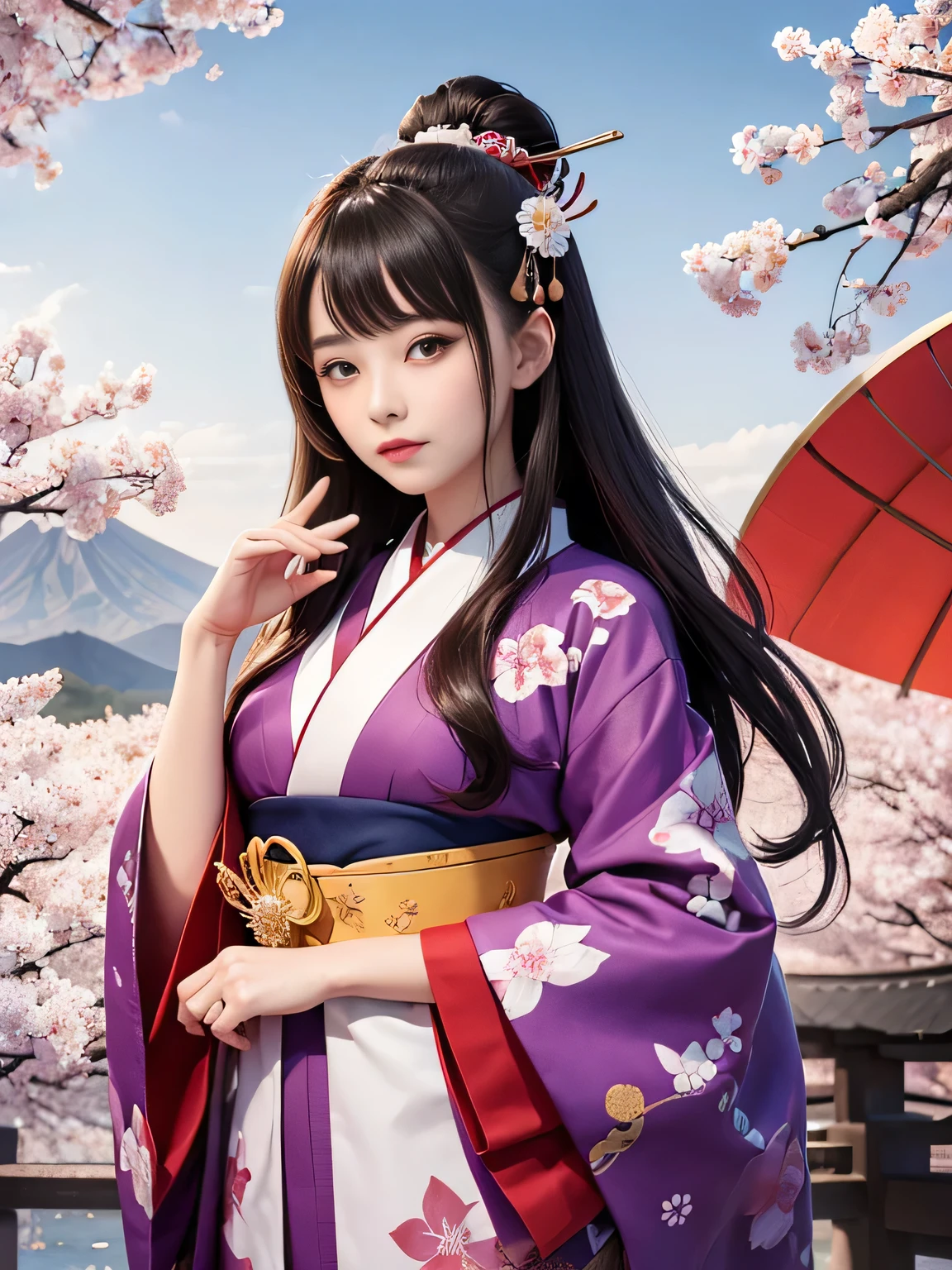 (background：The mountains are full of cherry blossomountains and fog)((Ukiyo-e))japanese art,or period,tokyo art, lily,Natural landscape.(masseter membrane、top quality、Ukiyo-e style、mystery、Exquisite and beautiful、official art、Sharaku:1.2)、(1 japanese girl in:1.3)、(Fractal art:1.3)、cowboy shooting、White skin、(beautiful brunette、kimono:1.2)、With Japanese traditional performing arts as the background、rich and colorful、(reel、Belongs to Japanese style:1.2)、