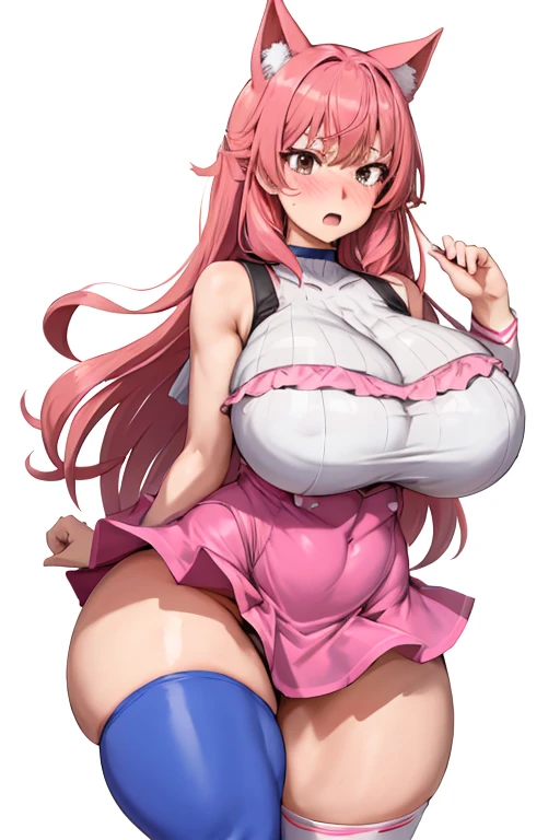 One Girl,{Knee-high socks}、(((Wide Hips)))、 (((Thick thighs)))、((Big ))、(Bigmbarrassed look,Short Stack、whole body、Sexy pose、Magi Pink Girl Costume,Frilled mini skirt