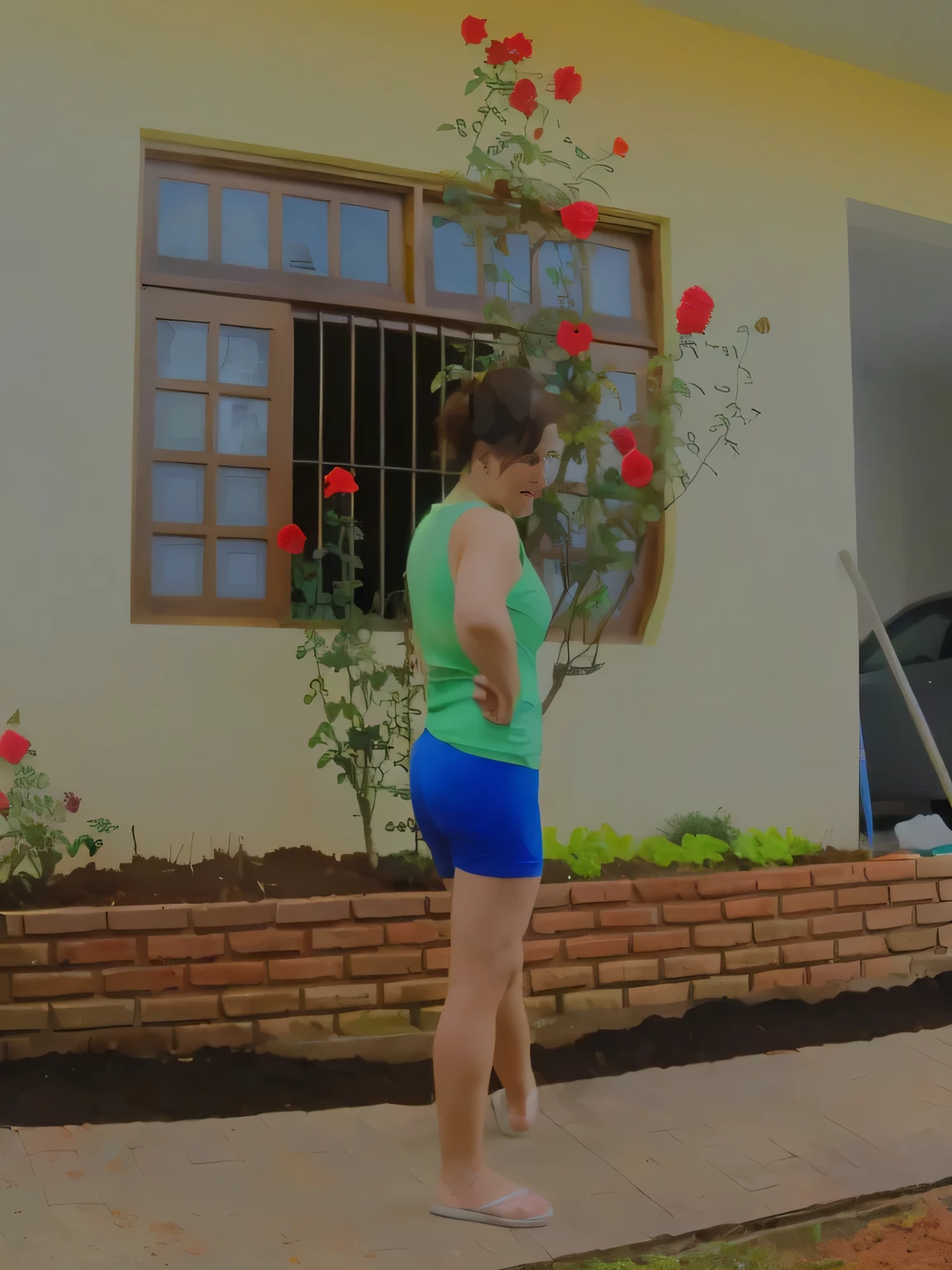 In the image, a beautiful Brazilian woman with white skin, short dark brown hair, in blue shorts and a green tank top, bent over, in blue shorts, standing outside a house with a flower bush, standing outside a house , side shot, in shorts, side pose, back shot, back view, back shot, rear shot, rear shot, full body distant shot, crouched next to a pool, cottagecore!! fitness body, rear photo, side view of her taking steps, filmed from the back, jumping pose, filmed from the back, filmed from the back, photographed from behind, crouching next to a bed of flowers and lettuce, photo of legs and hips, photo of side, taken with a Canon DSLR camera, bent over, blue shorts, photographed from behind, in shorts, shapely back, wearing blue shorts ((blue)) and a green tank top ((green)), striking a cheeky pose, photo from behind. Fitness woman, perfect arms, perfect body. She is around 40 years old, 162 cm tall and weighs 56 kg. Her body exudes glamor and her face is a definition of beauty. Slender body, thin waist. Highly realistic, hyperrealism, very elaborate skin, high quality photo. Sharp Photo, High Resolution, High Quality, Masterpiece, 16K Photo, Sharp Photo, High Contrast, Masterpiece, (Photographically Realistic), NUDE, NUDITY, NFSW.