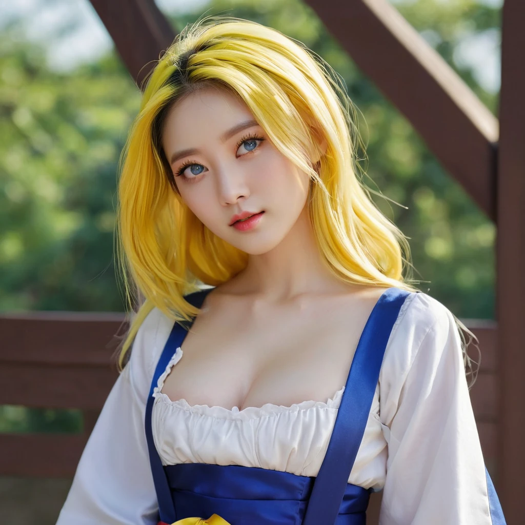 (finely detailed beautiful eyes and detailed face,masterpiece sidelighting,masterpiece,best quality,detailed,high resolution illustration),, (1girl,whole body,sundress,lustrous skin,looking down,looking at viewer),, (yellow hair,blue eyes,ribbon,hanbok, korean clothes), (clothed_underbust:1.2),underboob,