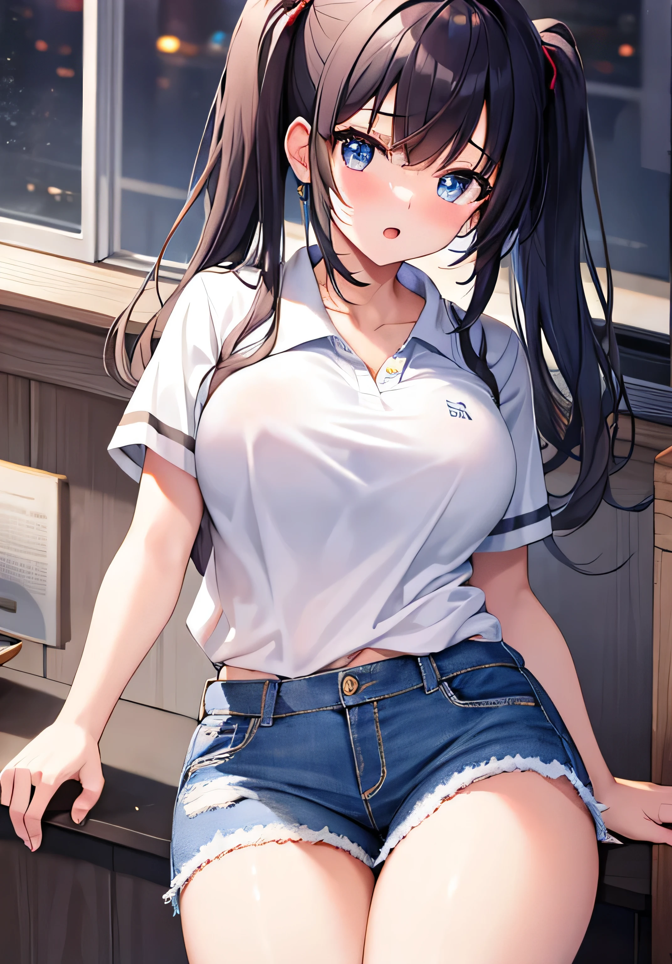 masterpiece、Highest quality、Ultra-high resolution、 girl with big breasts、twin tail hairstyle、black hair、Red face、shyly、open your mouth just a little、white polo shirt、denim shorts、inside the club room
