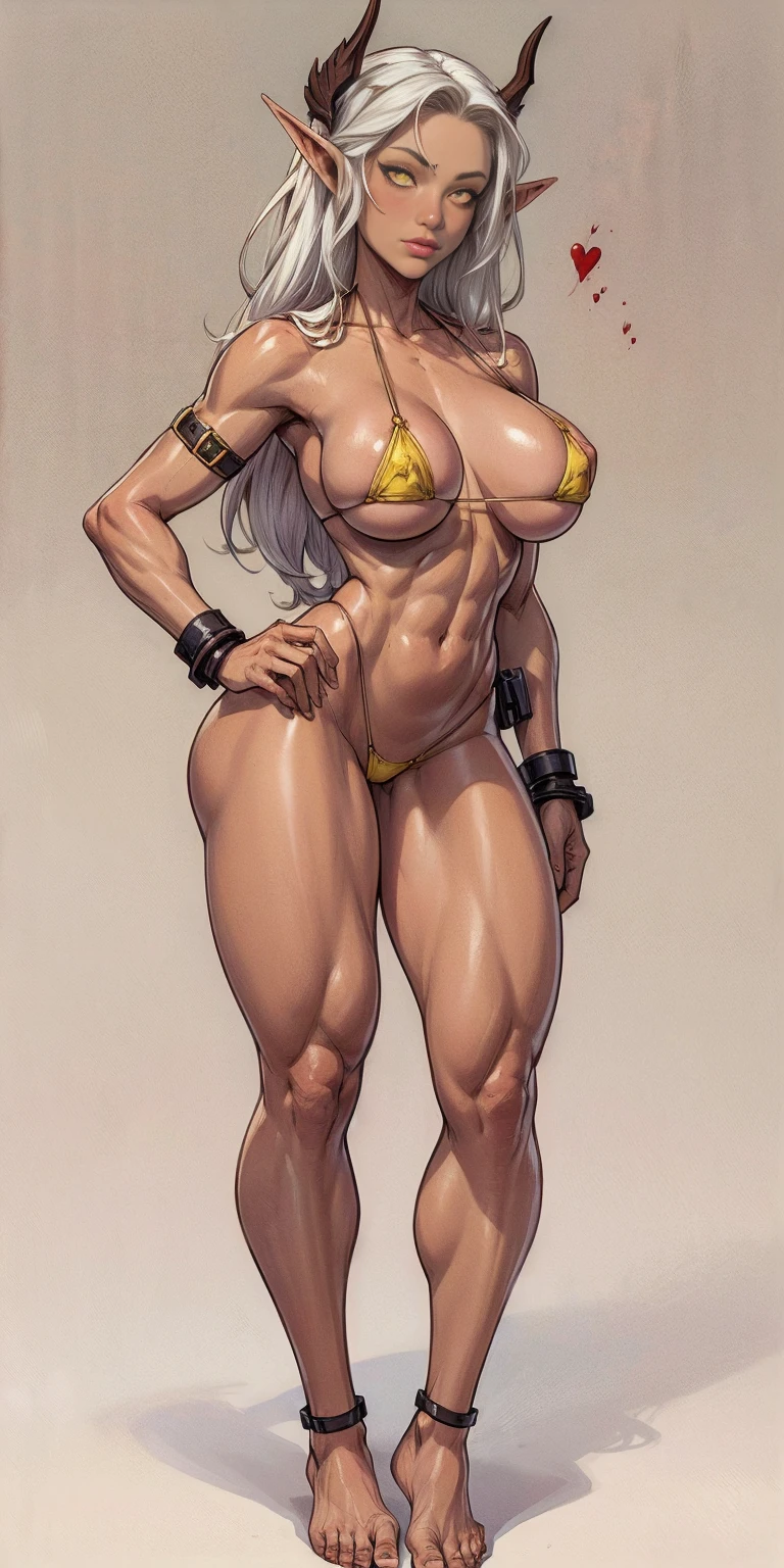 (Masterpiece, plain background:1.2) Female full body, standing straight symmetrical feet together, blood dark elf, dark skin, long messy white hair, short elf ears, circlet, yellow eyes, 1990s (style), female 1sologirl slingshot micro bikini, barefoot, bare handcuffs, shackles wristbands