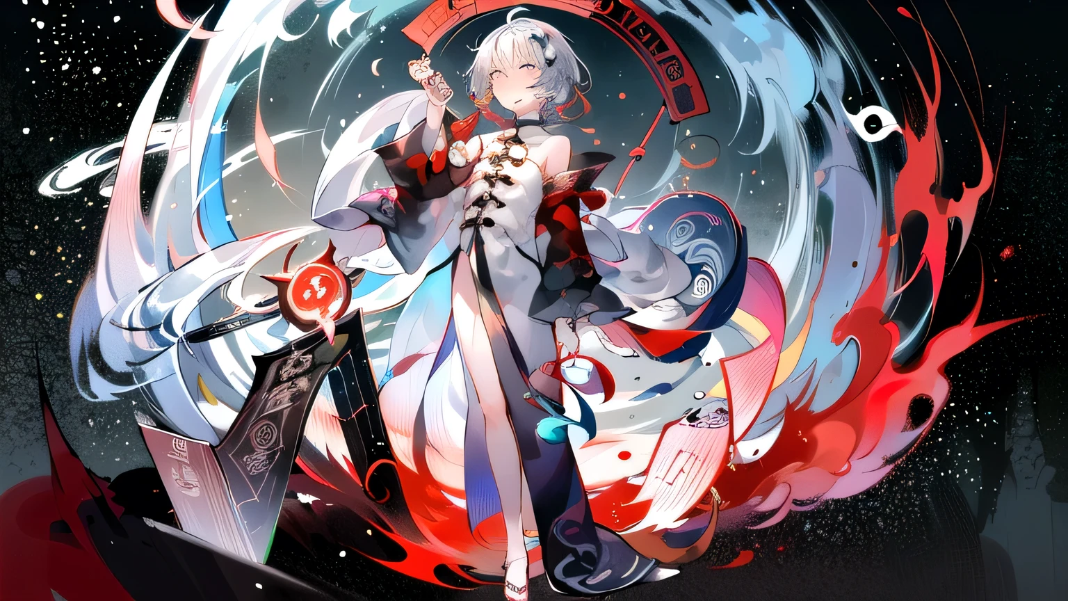 One boy with white hair, Young Boy, Look up at the sky, astrolabe, Gazing at the sky, Fortune telling, Taoism, Yin Yang Symbol, Silk Robe Starry Sky, Bagua, Full Body Shot, ancient China, Wye_style