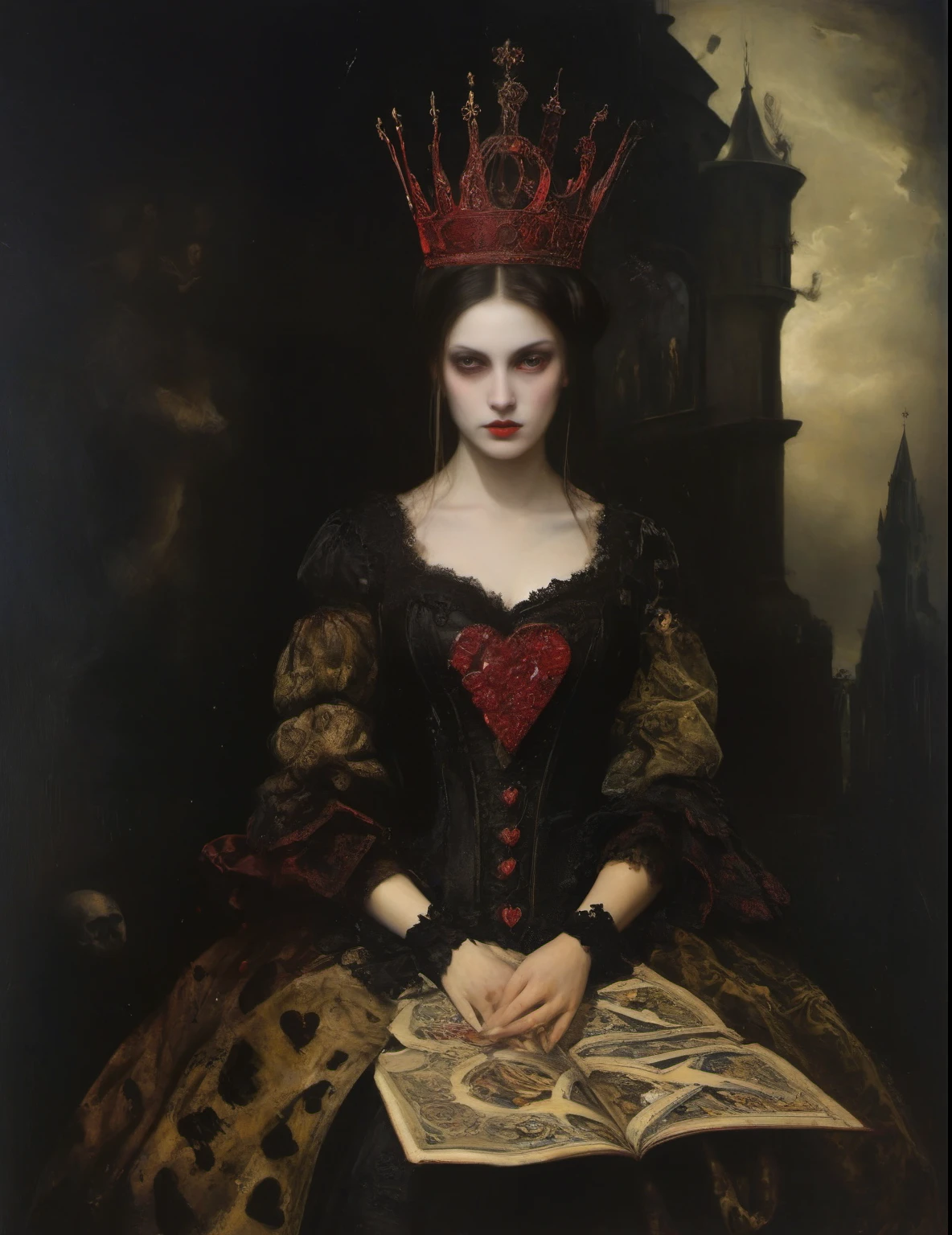 James Gurney, Surrealist art , dream-like, Mysterious, Provocative, symbolic, Complex, detailed,, (Gothic but very beautiful:1.4), (masterpiece, highest quality:1.4) , Nicola Samori Style, the queen of hearts
