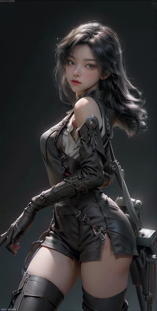 (((masterpiece, top quality, ultra detailed))), (((ultra photo-realistic 3D))), (((dramatic leap in overall accuracy, producing ultra detailed and realistic images))), complex machine j gimmick female android, Dynamic combat action poses, A fusion of very complex mechanical steampunk fashion and overly decorated Gothic Lolita fashion, Off the shoulders, Fluttering flare mini skirt, Complex mechanical temple steampunk headgear, Very large eyes, very long eyelashes, Black hair blown in the wind, very long thin arms, Complex mechanical gloves, very long thin legs, Complex mechanical over-the-knee stockings, Mandala, Lots of neon gras are crossed and scattered, Have a huge weapon with very complex mechanical devices, A highly complex machine shop surrounded by flames, Very dark night background, Very dramatic and cinematic lighting, (High dynamic range), Ray tracing, NVIDIA RTX, Super Resolution, Unreal 5, Subsurface scattering, PBR Texturing, Post-processing, Anisotropy Filtering, depth of fields, Maximum clarity and sharpness, Multilayer textures, Albedo and specular maps, Surface Shading, Precise simulated light material interactions, Perfect proportions, Octane Rendering, Two-tone lighting, Wide aperture, Low ISO, White Balance, thirds rule, 16K RAW,