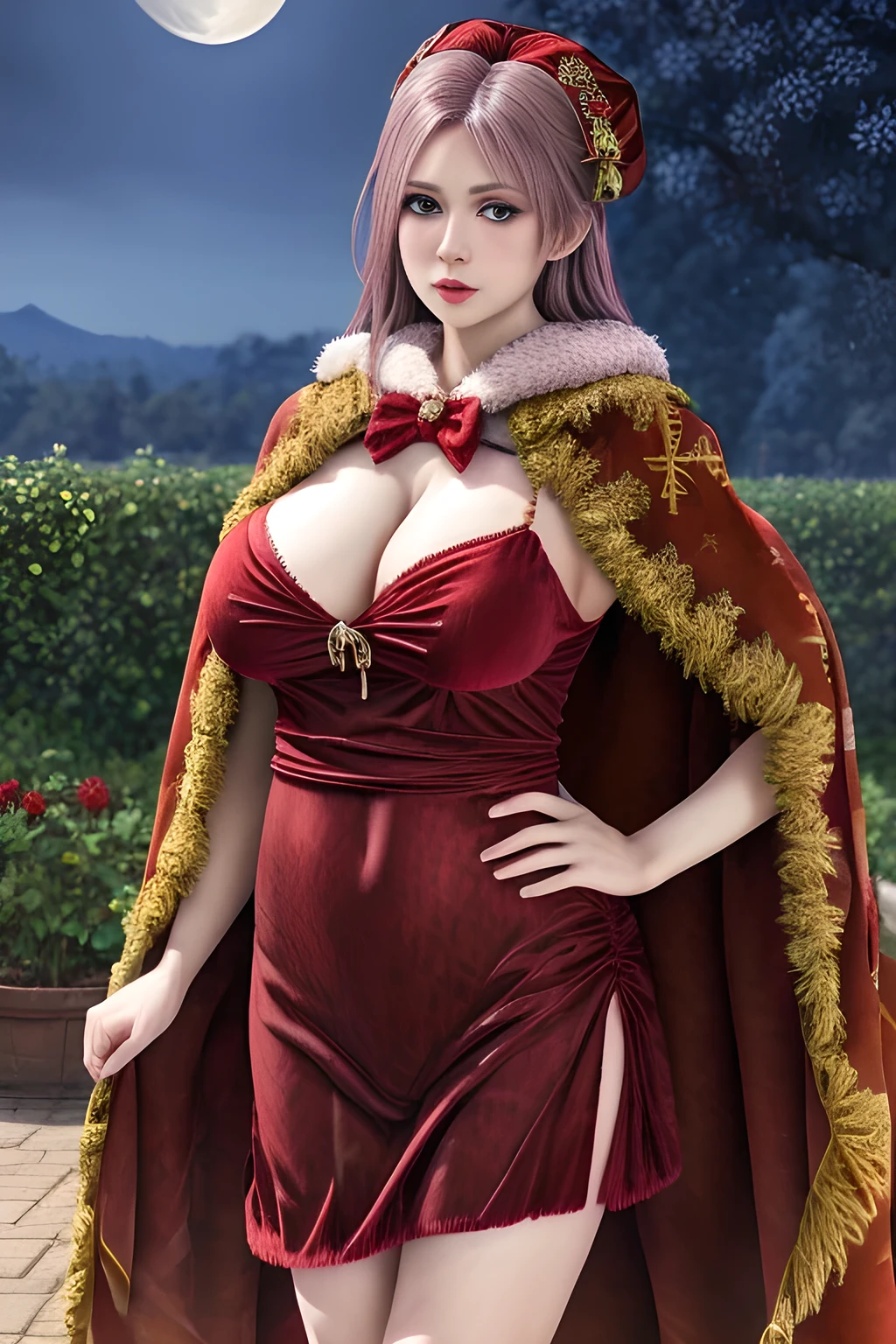 1girl,(RED theme: 1.2), (Velvet fabric nightgown: 1.2), (Koch snowflake cloak: 1.5), ,garden,moon,huge breasts,lactating,(lip gloss),(masterpiece), best quality, (real life portrait photography:1.5),unltra detailed,8K,Shot with a professional-grade camera like the Nikon D850,every intricate detail is captured, from the subtlest expression to the glimmer of anticipation in her eyes,Focus on thighs and above,solo, elise,