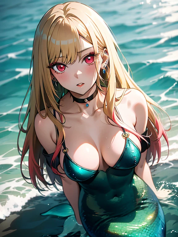 kitagawa marin, 1girl, blonde hair, long hair, multicolored hair, red eyes, jewelry, earrings, piercing, black choker, mermaid、Ocean、UHD, retina, masterpiece, anatomically correct, textured skin, high details, best quality,