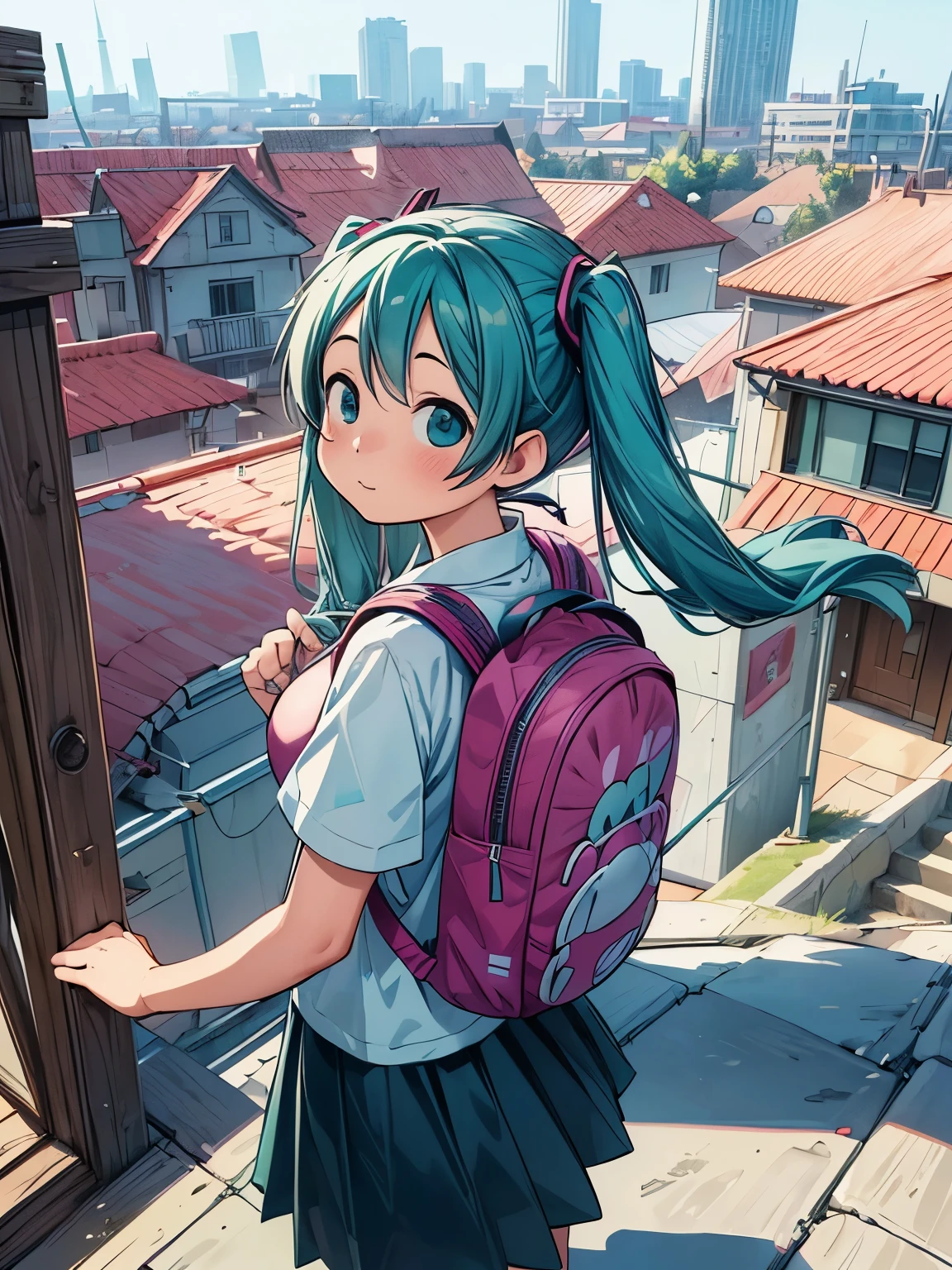 (masterpiece、highest quality、highest quality、Official Art、Beautiful and beautiful:1.2)、(One girl:1.3)Hatsune Miku、Twin tails,Big Breasts,Standing on the roof,Girl with backpack on rooftop,My backpack is full of happy spring,Simple Line Initialism,Abstraction,Urban Background