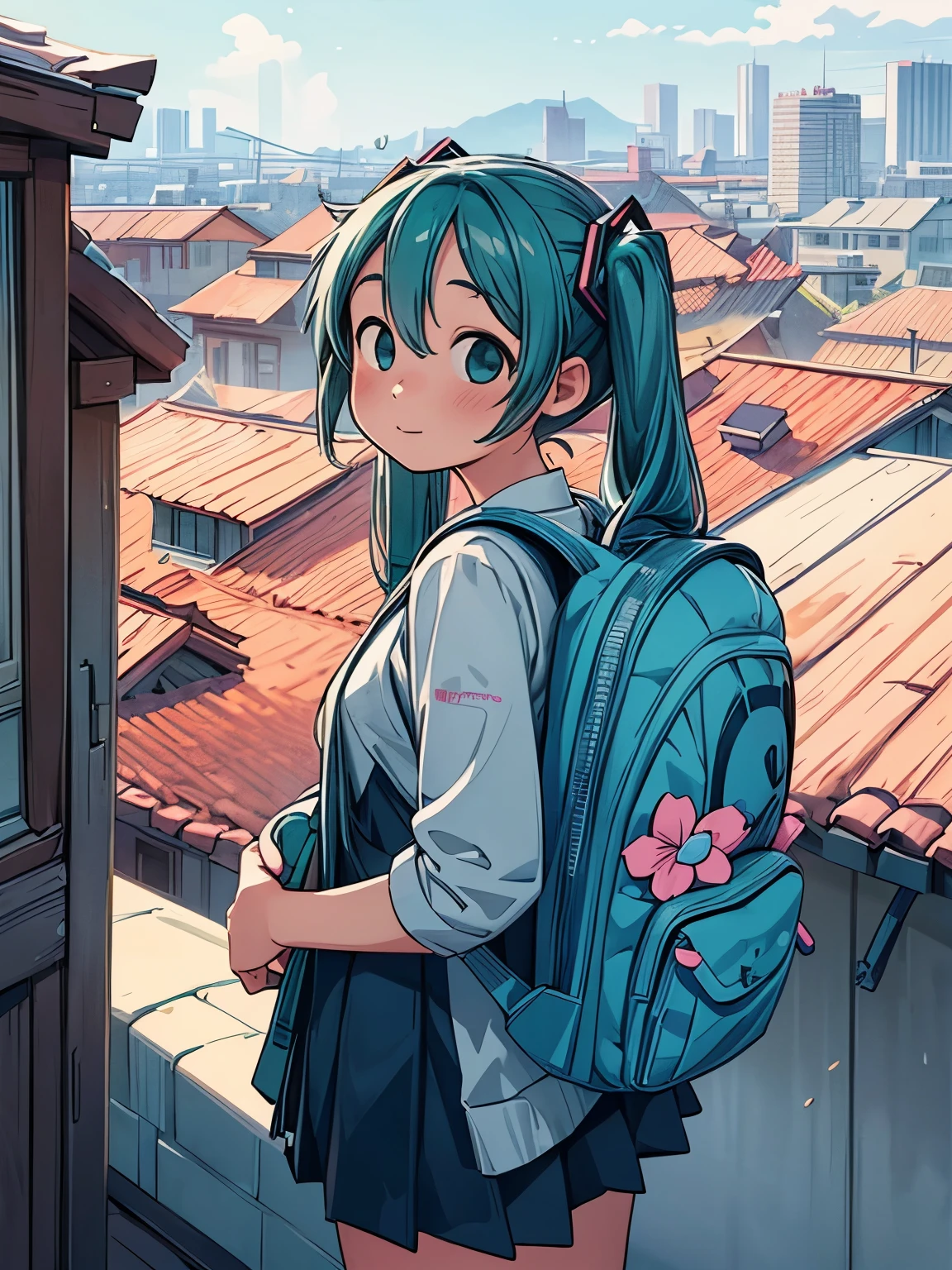 (masterpiece、highest quality、highest quality、Official Art、Beautiful and beautiful:1.2)、(One girl:1.3)Hatsune Miku、Twin tails,Big Breasts,Standing on the roof,Girl with backpack on rooftop,My backpack is full of happy spring,Simple Line Initialism,Abstraction,Urban Background