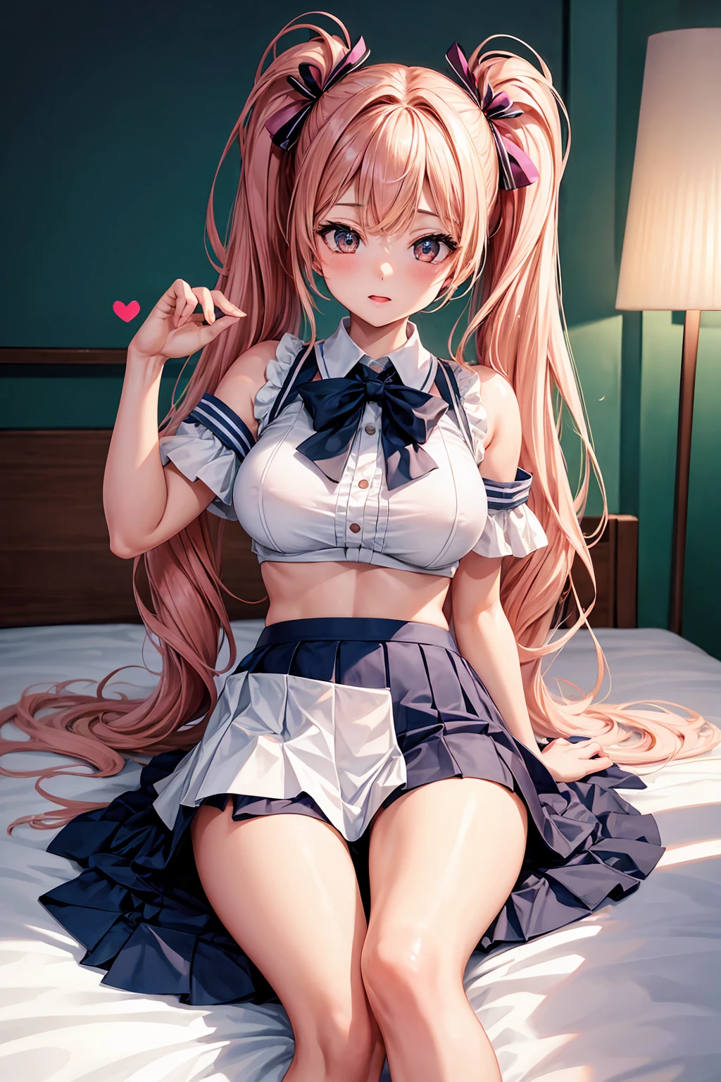 masterpiece,最high quality,high quality,4K,8k,High resolution,Full HD,Beautiful 20 year old girl,Large Breasts,D Cup,Twin tails,uniform,mini skirt,T-back shorts,On my back,M-shaped legs,On the bed,Pastel colored room