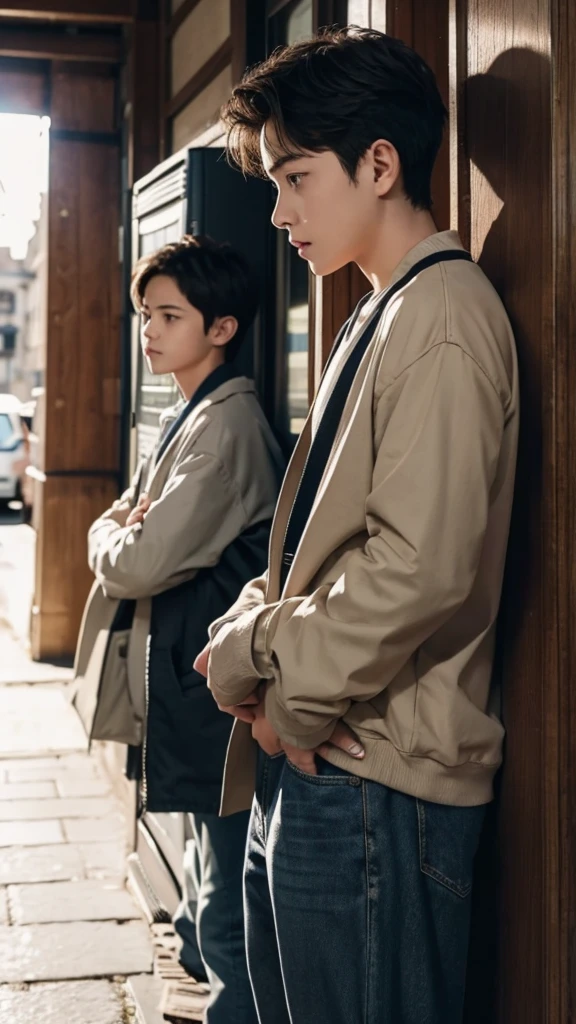 There are two 15-year-old boys, one behind the other, they are talking, they have their mouths open, they are bewildered, they are amazed, they are sad.